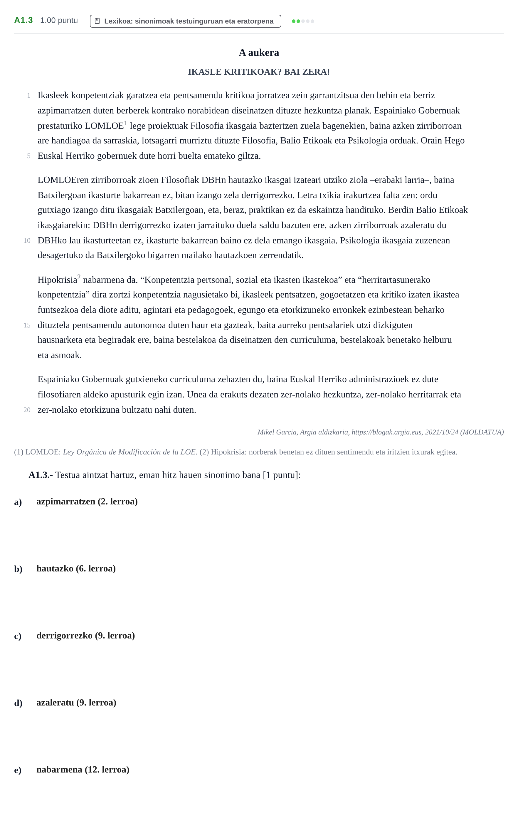 Enunciado: Ejercicio A1.3 · Lengua Vasca y Literatura II PAU Navarra Ordinaria (Modelo D) 2022