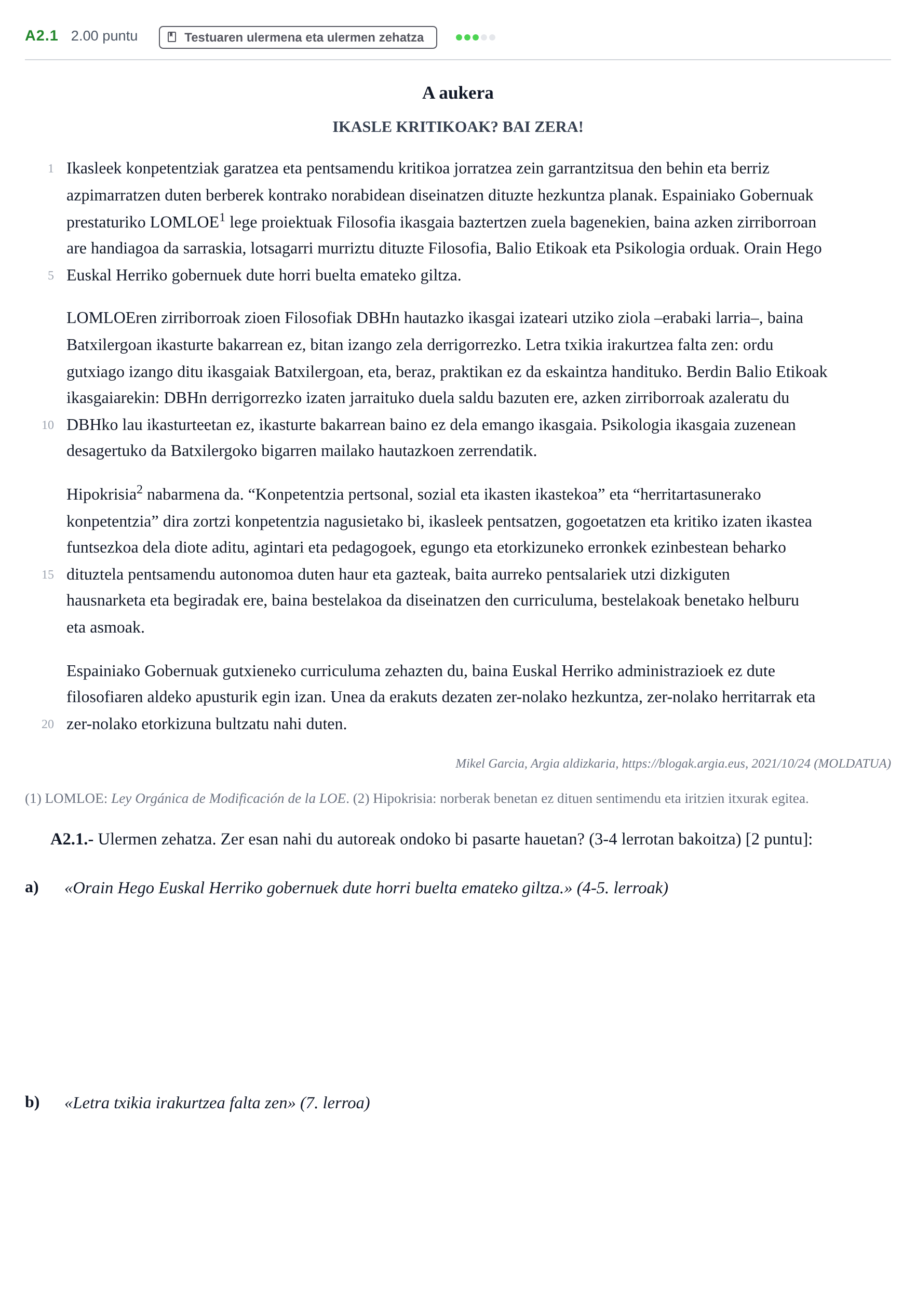 Enunciado: Ejercicio A2.1 · Lengua Vasca y Literatura II PAU Navarra Ordinaria (Modelo D) 2022