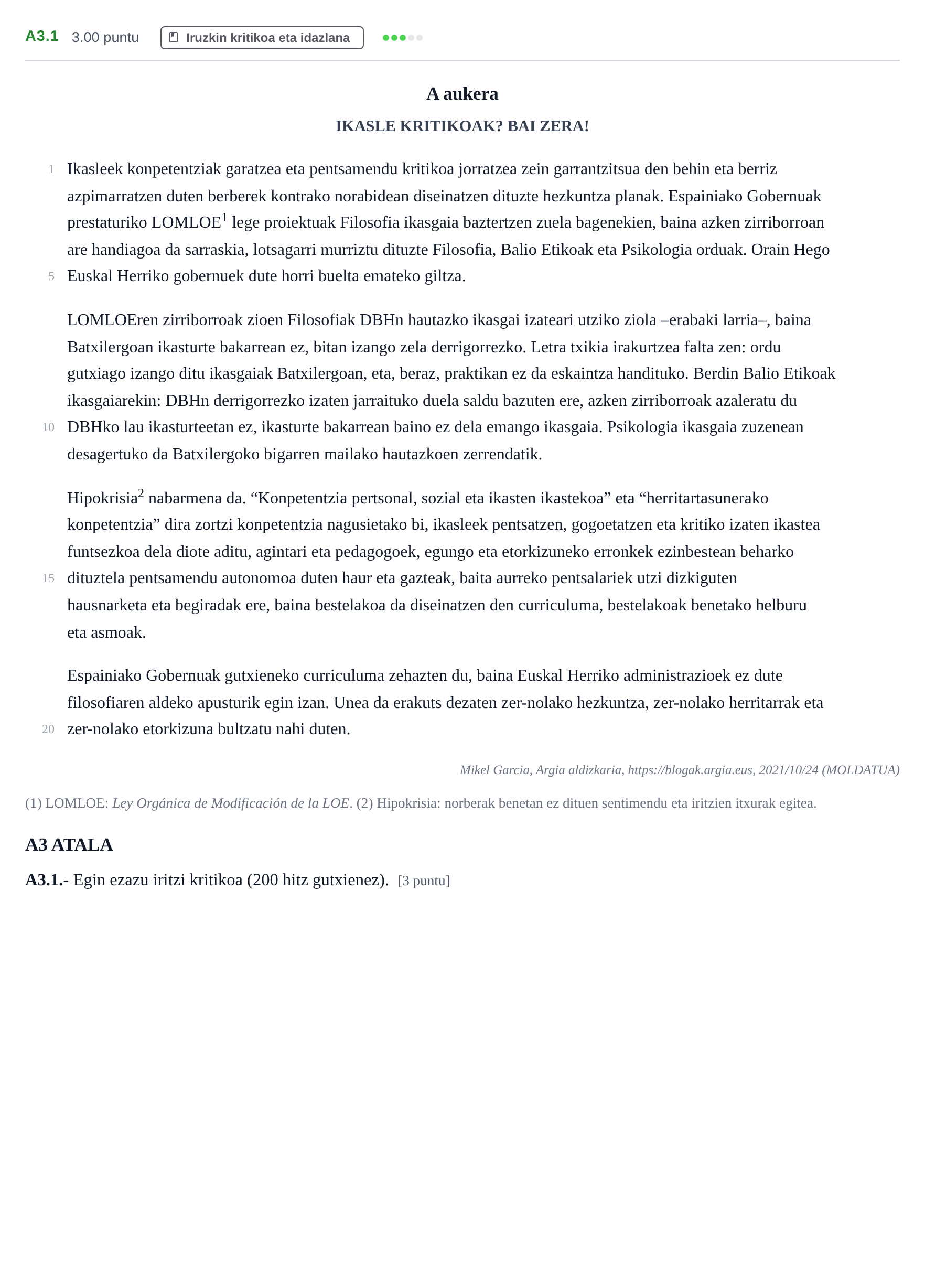 Enunciado: Ejercicio A3.1 · Lengua Vasca y Literatura II PAU Navarra Ordinaria (Modelo D) 2022