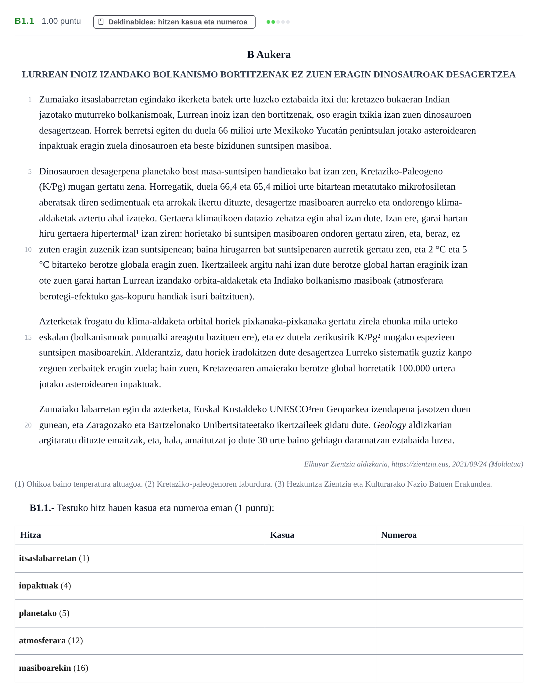 Enunciado: Ejercicio B1.1 · Lengua Vasca y Literatura II PAU Navarra Ordinaria (Modelo D) 2022