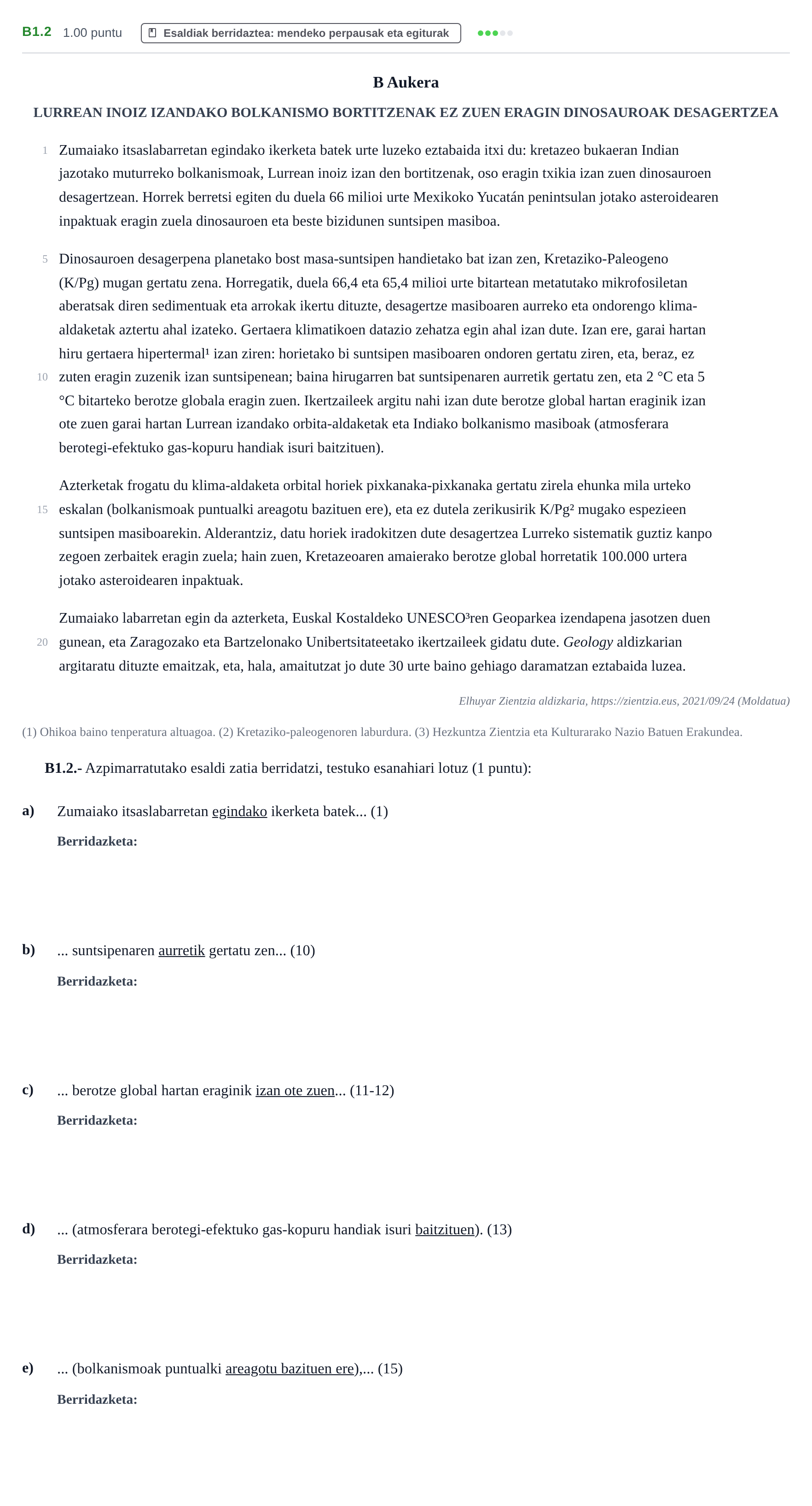 Enunciado: Ejercicio B1.2 · Lengua Vasca y Literatura II PAU Navarra Ordinaria (Modelo D) 2022