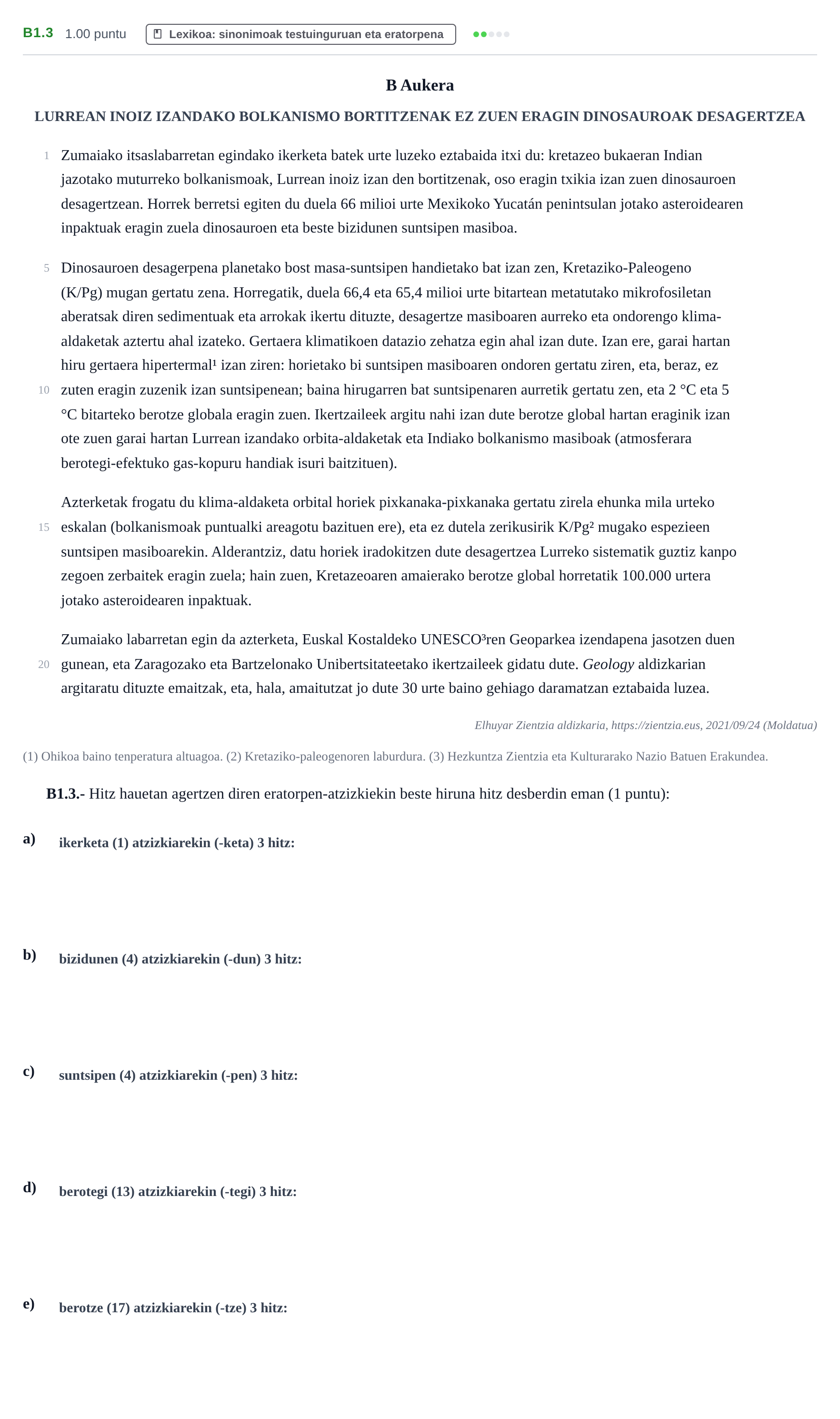 Enunciado: Ejercicio B1.3 · Lengua Vasca y Literatura II PAU Navarra Ordinaria (Modelo D) 2022