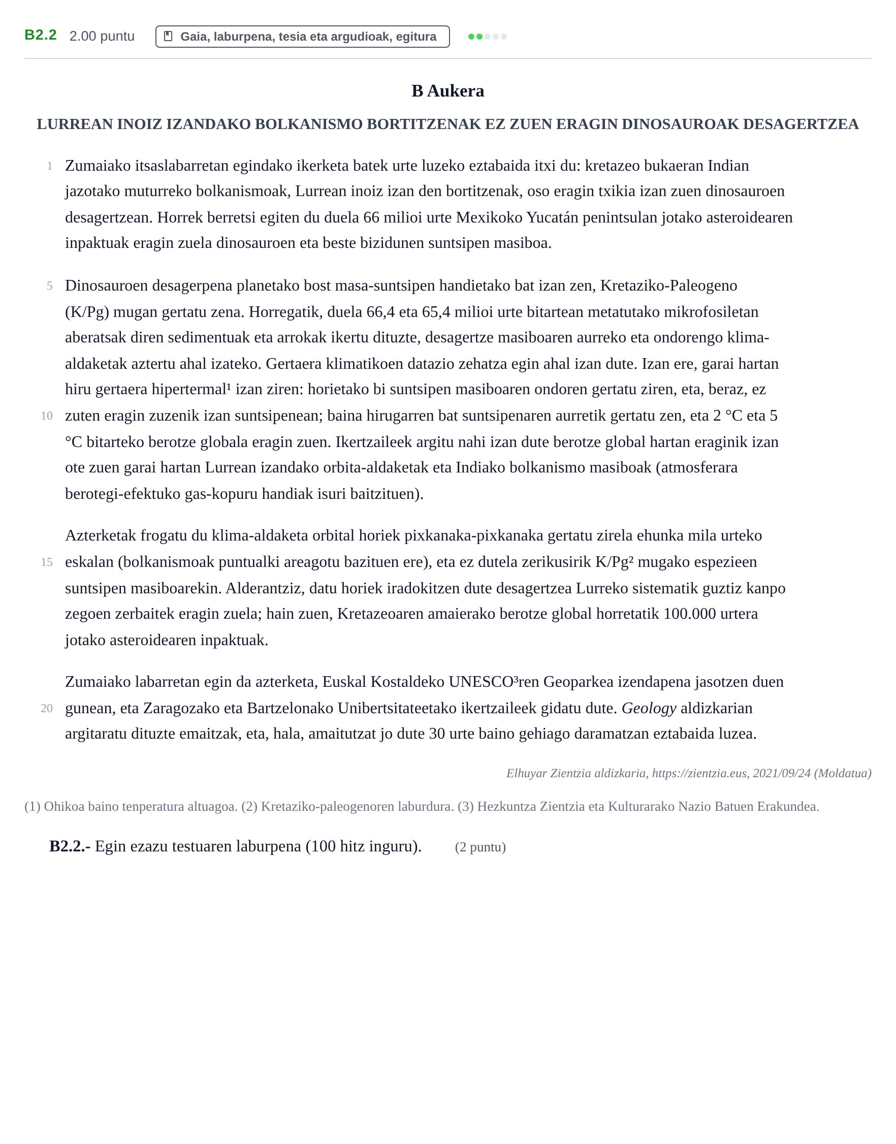 Enunciado: Ejercicio B2.2 · Lengua Vasca y Literatura II PAU Navarra Ordinaria (Modelo D) 2022