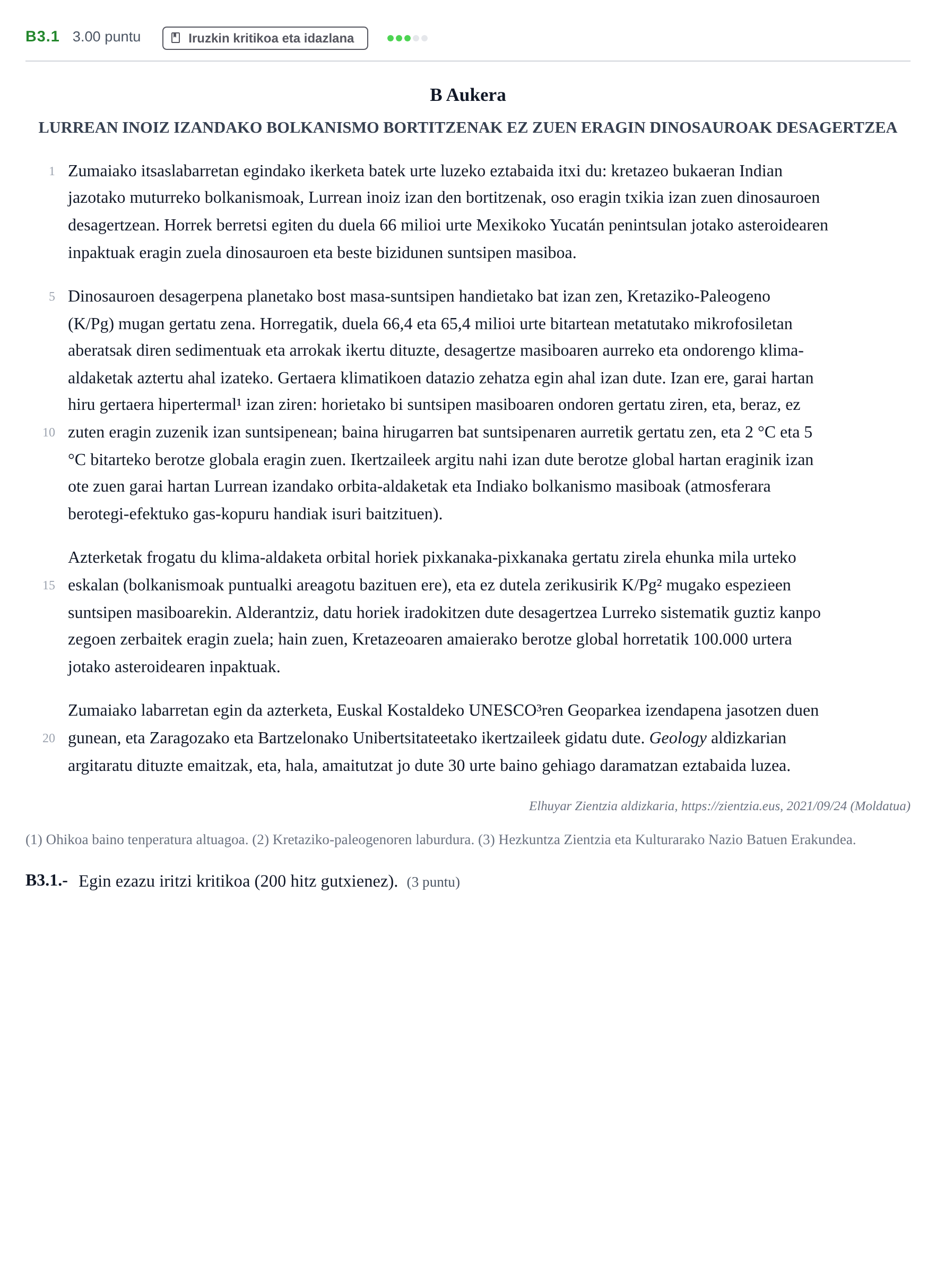 Enunciado: Ejercicio B3.1 · Lengua Vasca y Literatura II PAU Navarra Ordinaria (Modelo D) 2022