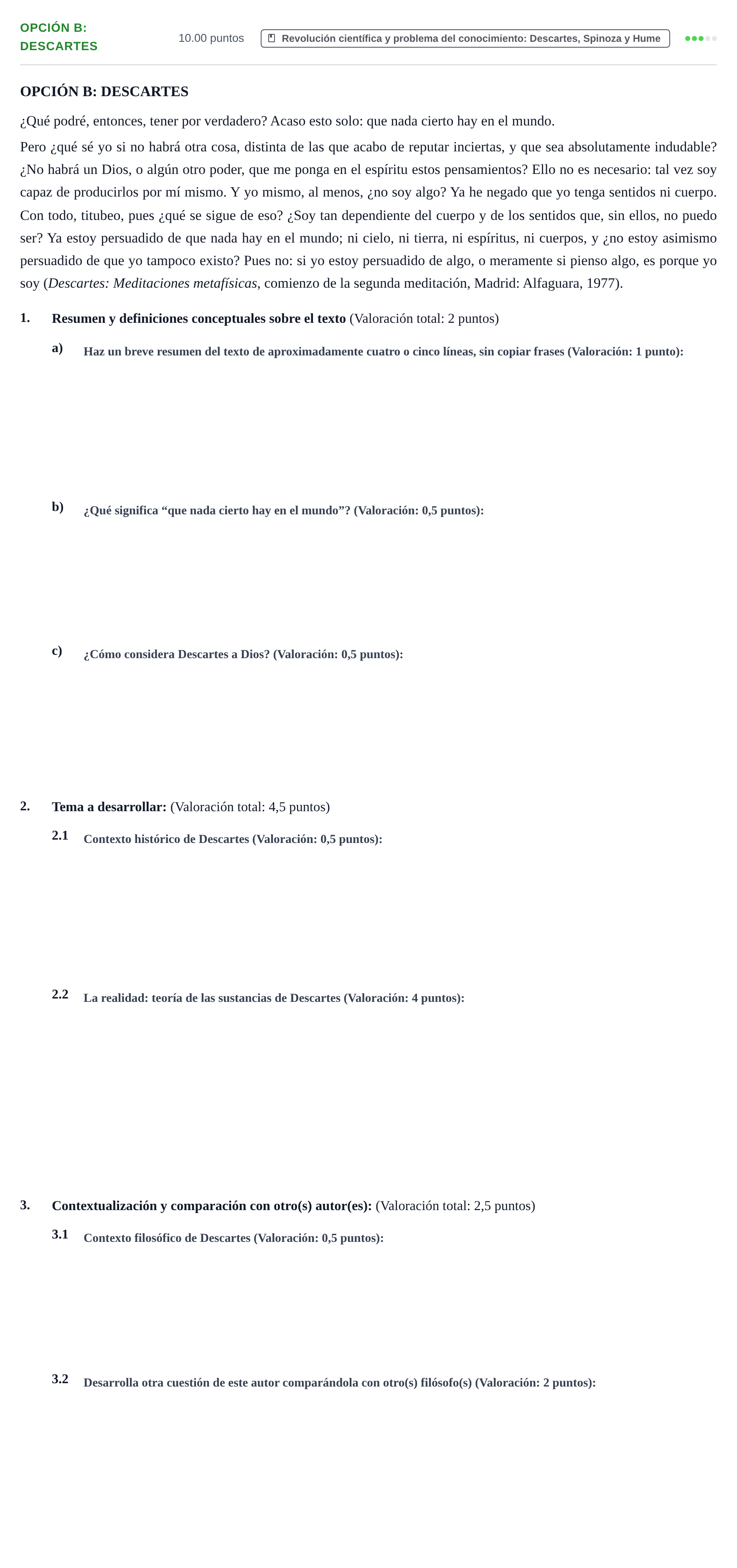 Enunciado: Opción B: Descartes · Historia de la Filosofía PAU Navarra Ordinaria 2022