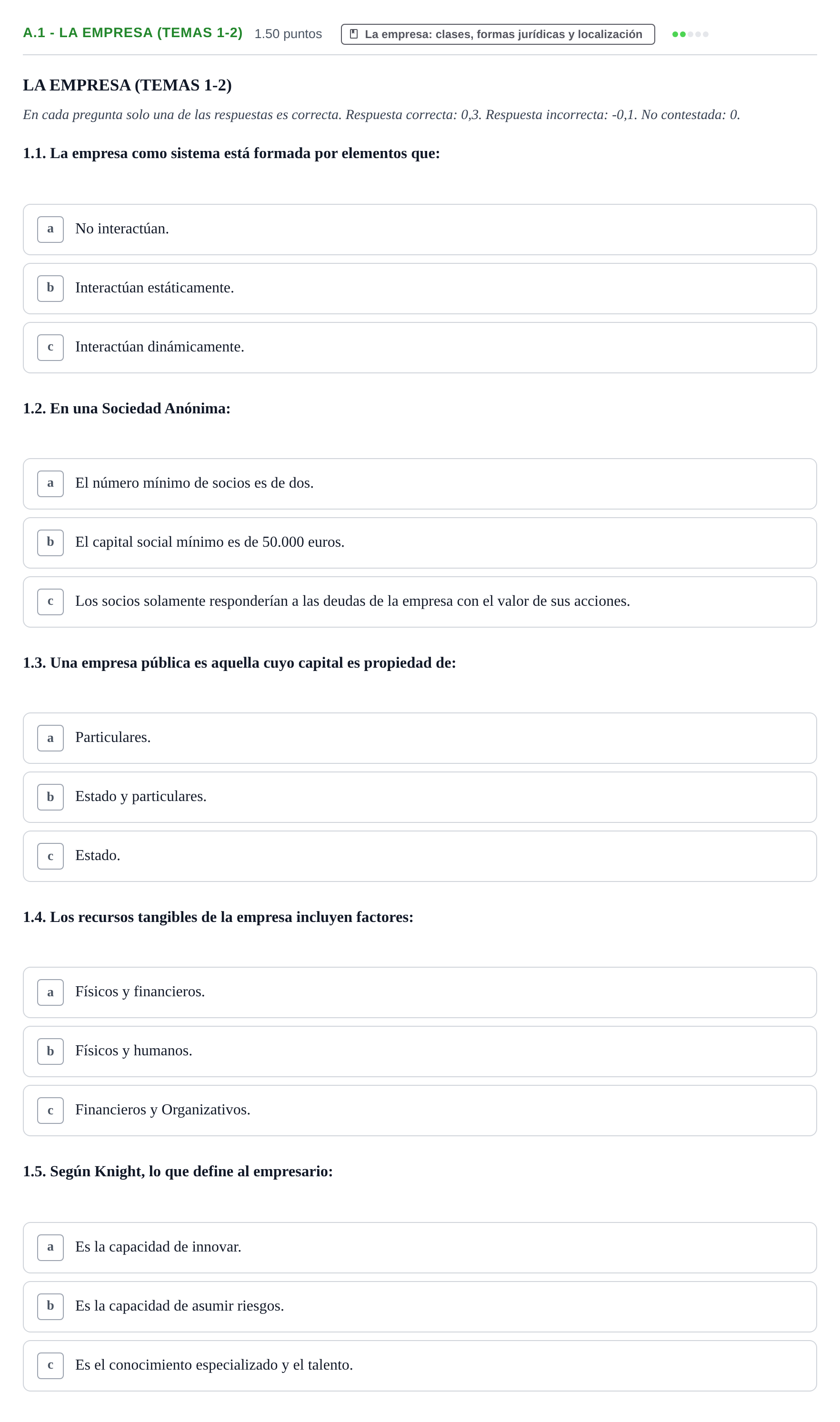 Enunciado: Ejercicio A.1 - La empresa (Temas 1-2) · Empresa y Diseño de Modelos de Negocio PAU Navarra Ordinaria 2022
