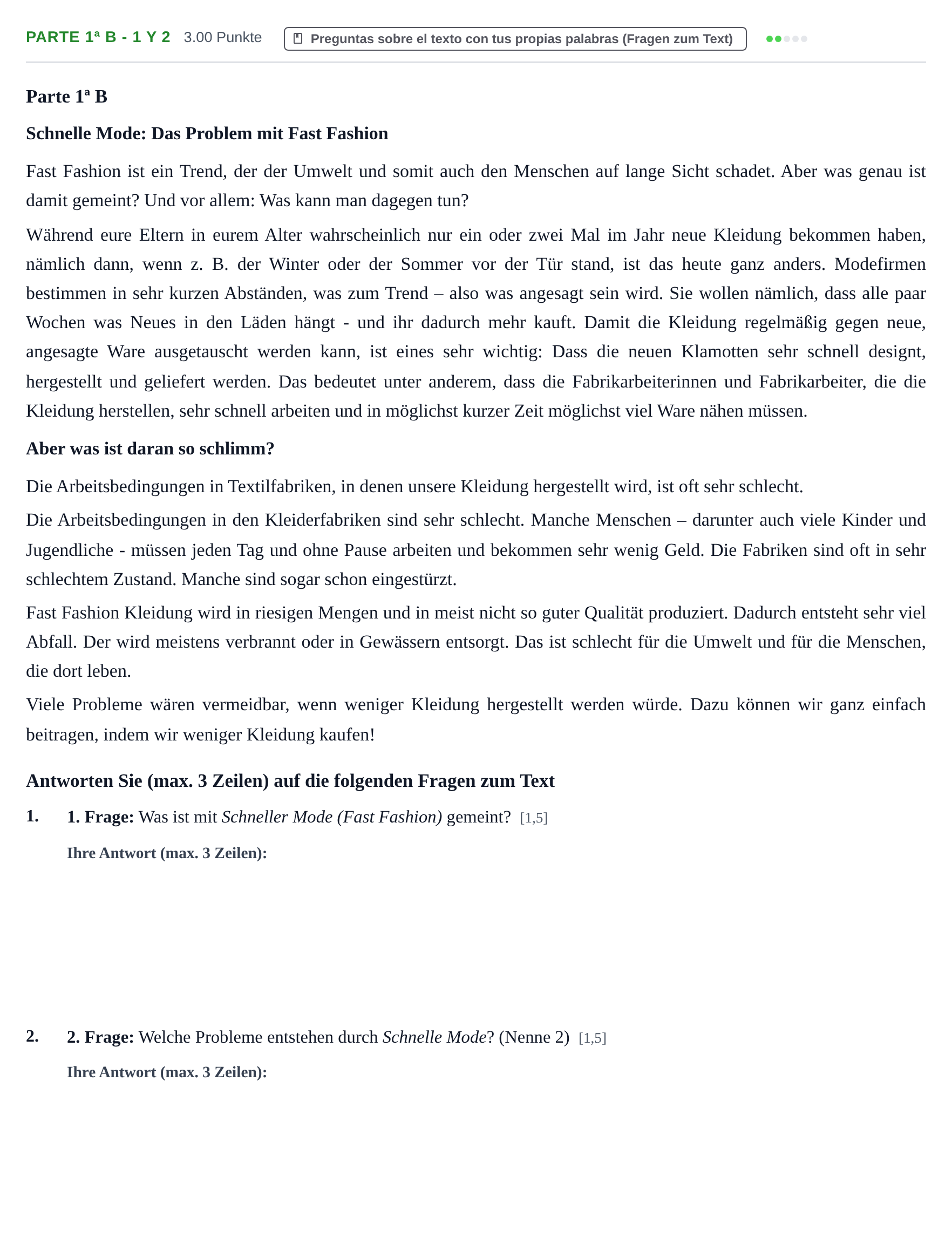 Enunciado: Ejercicio Parte 1ª B - 1 y 2 · Alemán PAU Navarra Extraordinaria 2022