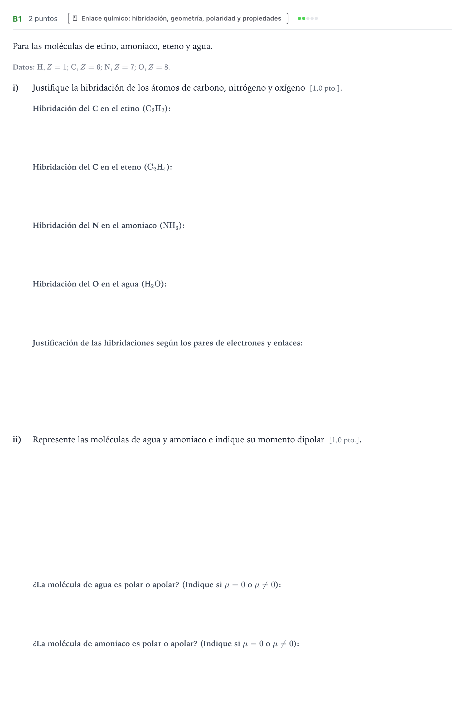 Enunciado: Ejercicio B1 · Química PAU Navarra Ordinaria 2022