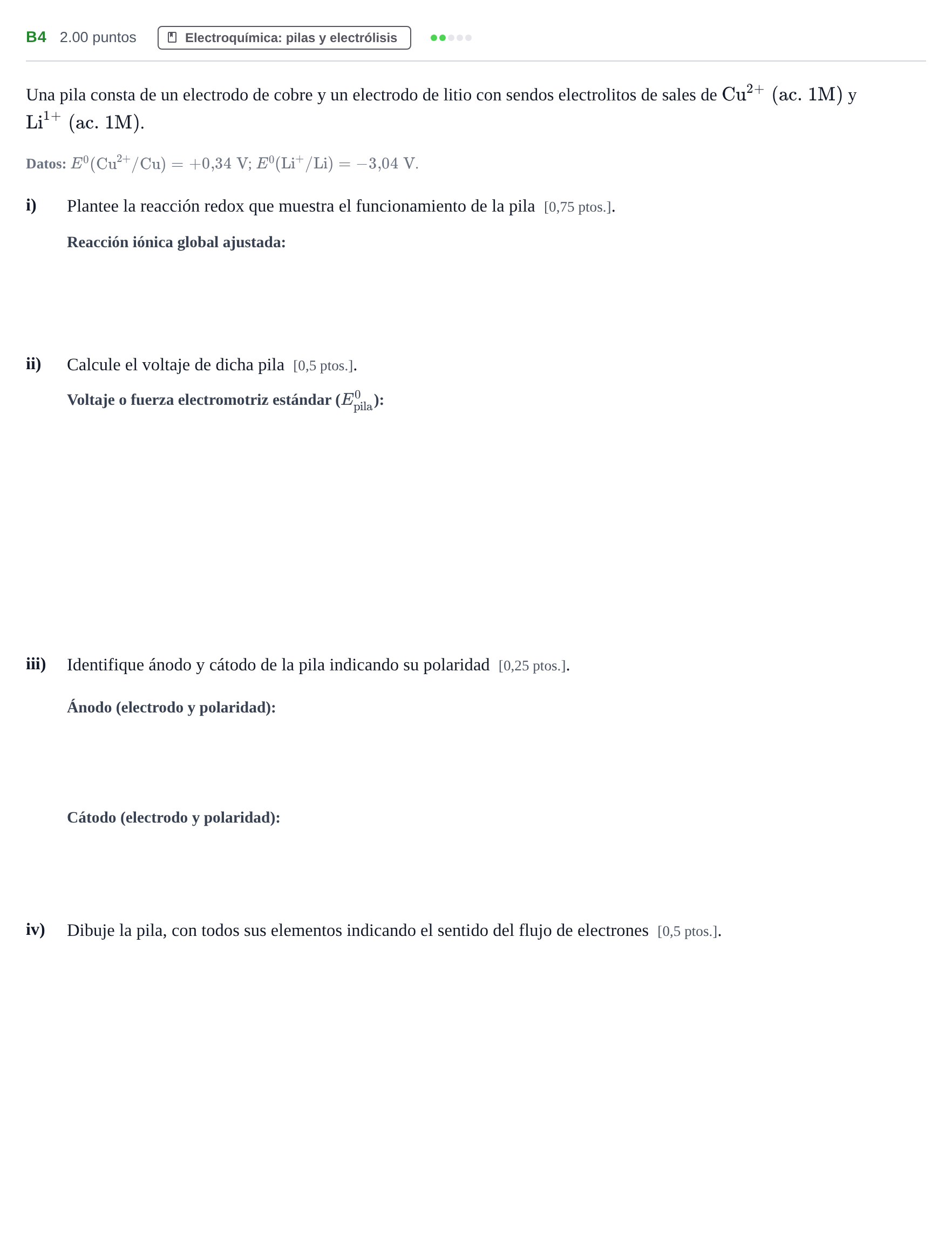 Enunciado: Ejercicio B4 · Química PAU Navarra Ordinaria 2022