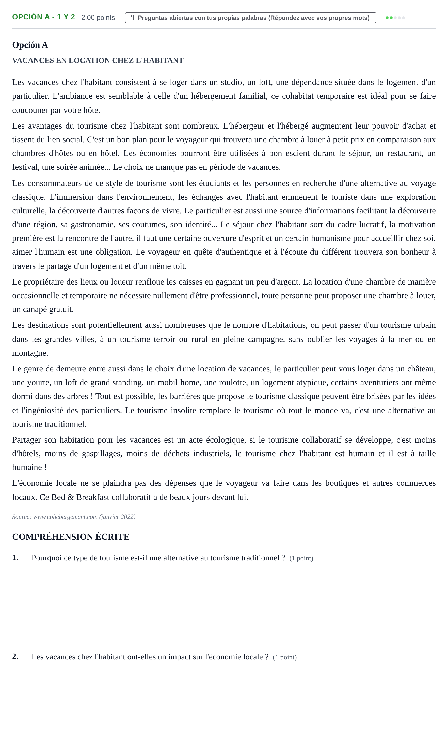 Enunciado: Opción A - 1 y 2 · Francés PAU Navarra Extraordinaria 2022