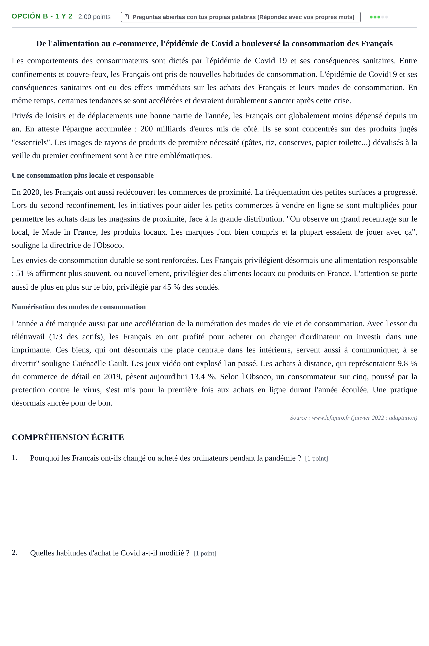 Enunciado: Opción B - 1 y 2 · Francés PAU Navarra Extraordinaria 2022