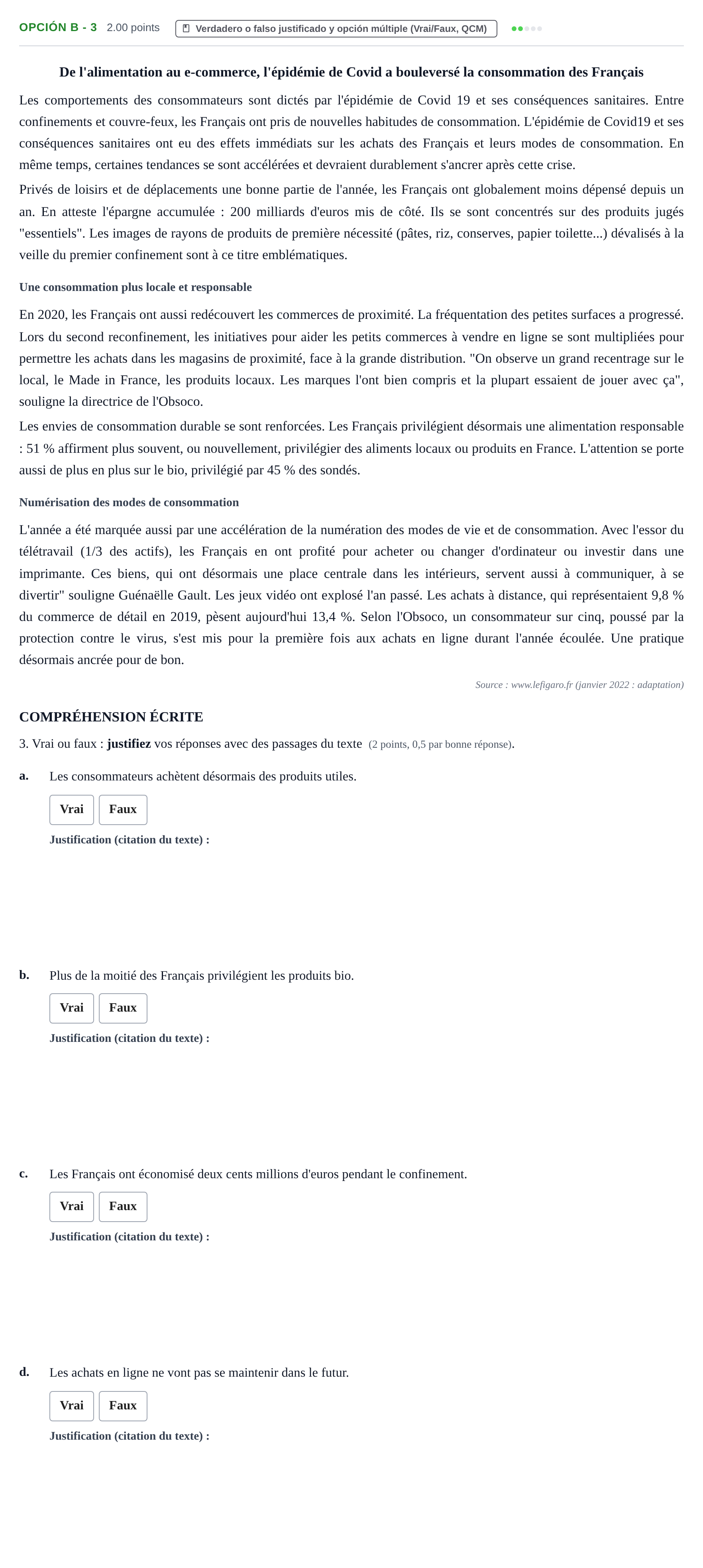 Enunciado: Opción B - 3 · Francés PAU Navarra Extraordinaria 2022