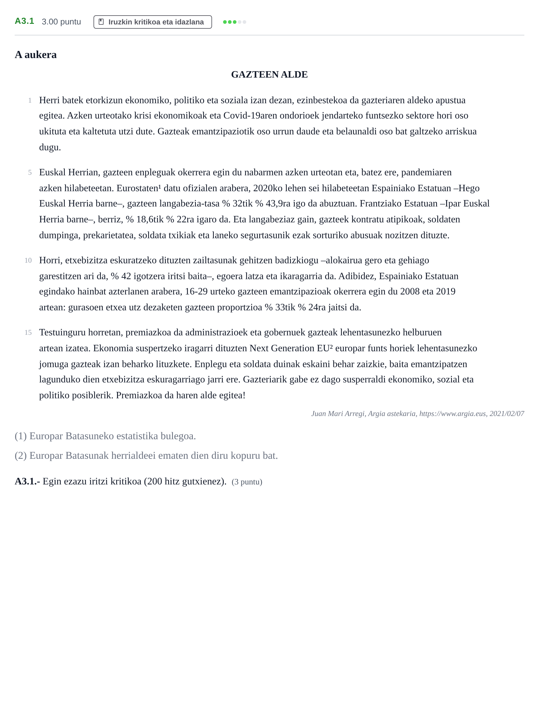 Enunciado: Ejercicio A3.1 · Lengua Vasca y Literatura II PAU Navarra Extraordinaria (Modelo D) 2022