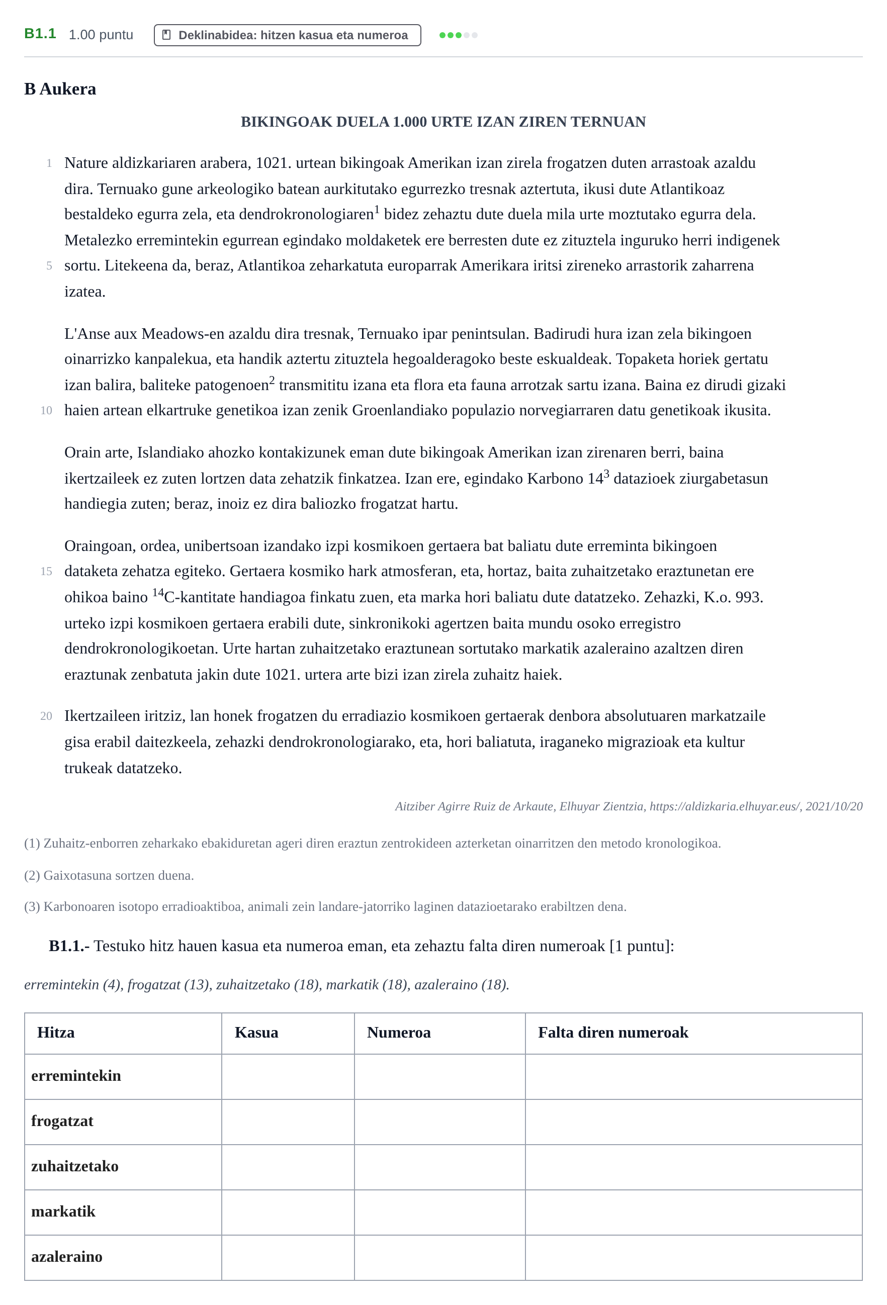 Enunciado: Ejercicio B1.1 · Lengua Vasca y Literatura II PAU Navarra Extraordinaria (Modelo D) 2022