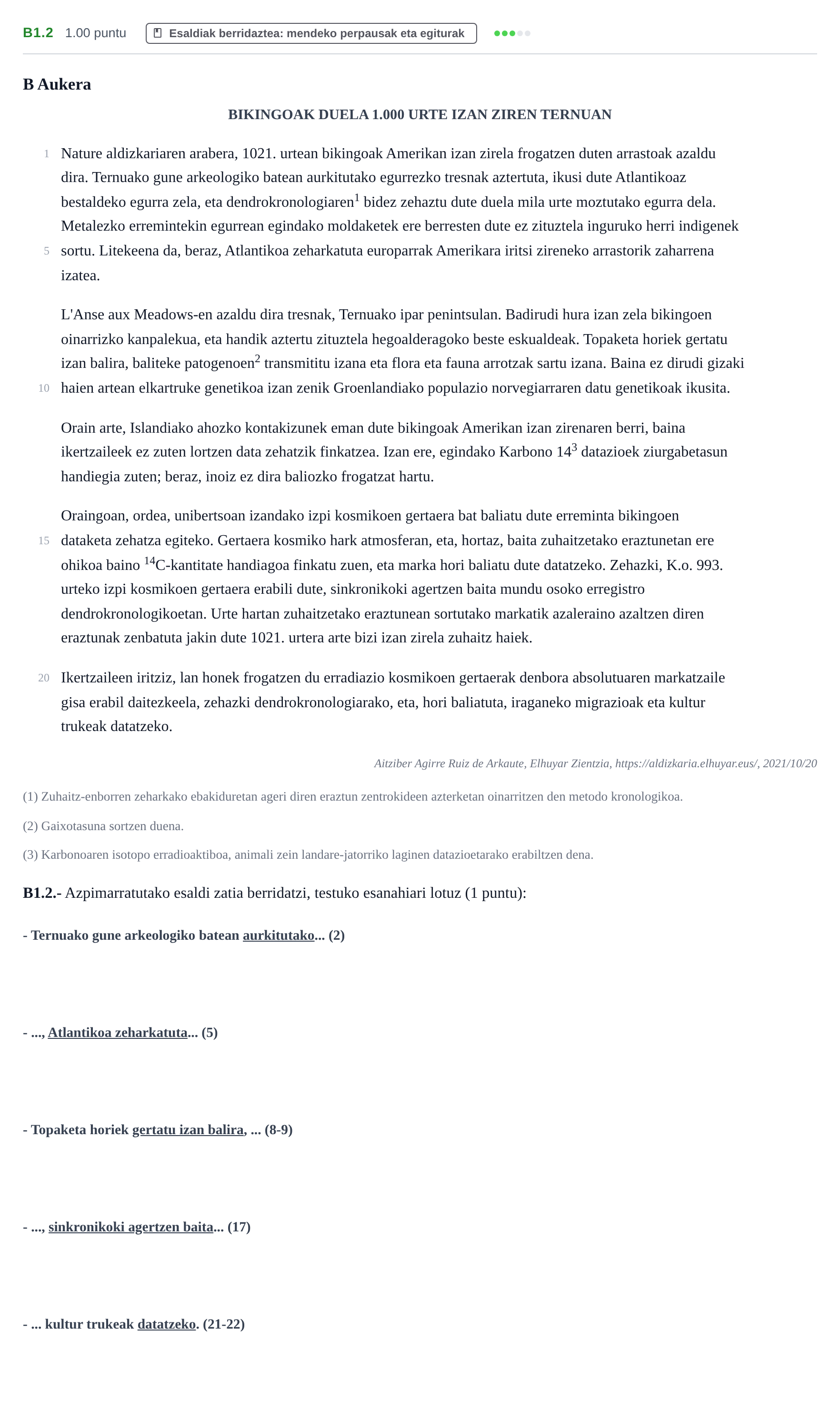 Enunciado: Ejercicio B1.2 · Lengua Vasca y Literatura II PAU Navarra Extraordinaria (Modelo D) 2022