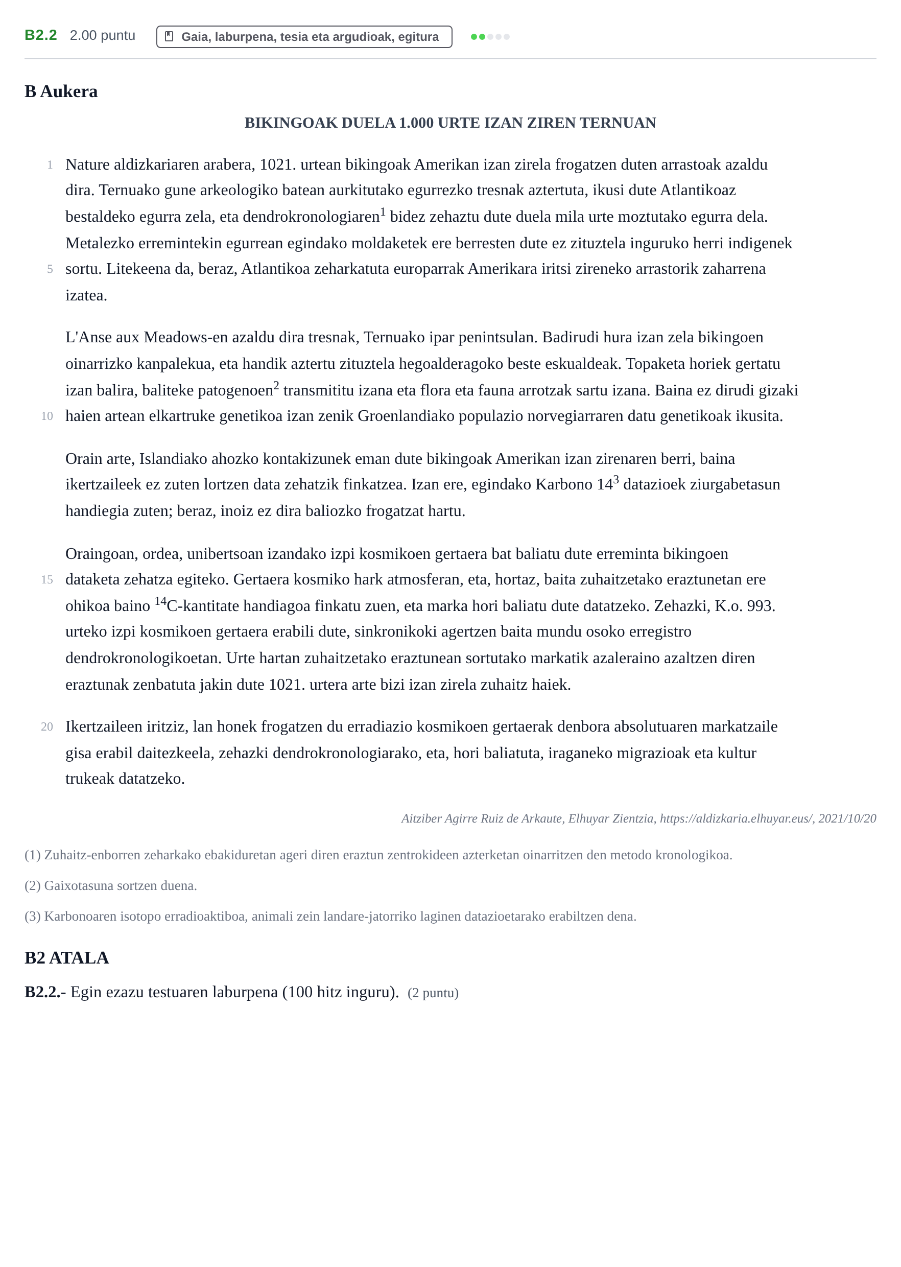 Enunciado: Ejercicio B2.2 · Lengua Vasca y Literatura II PAU Navarra Extraordinaria (Modelo D) 2022