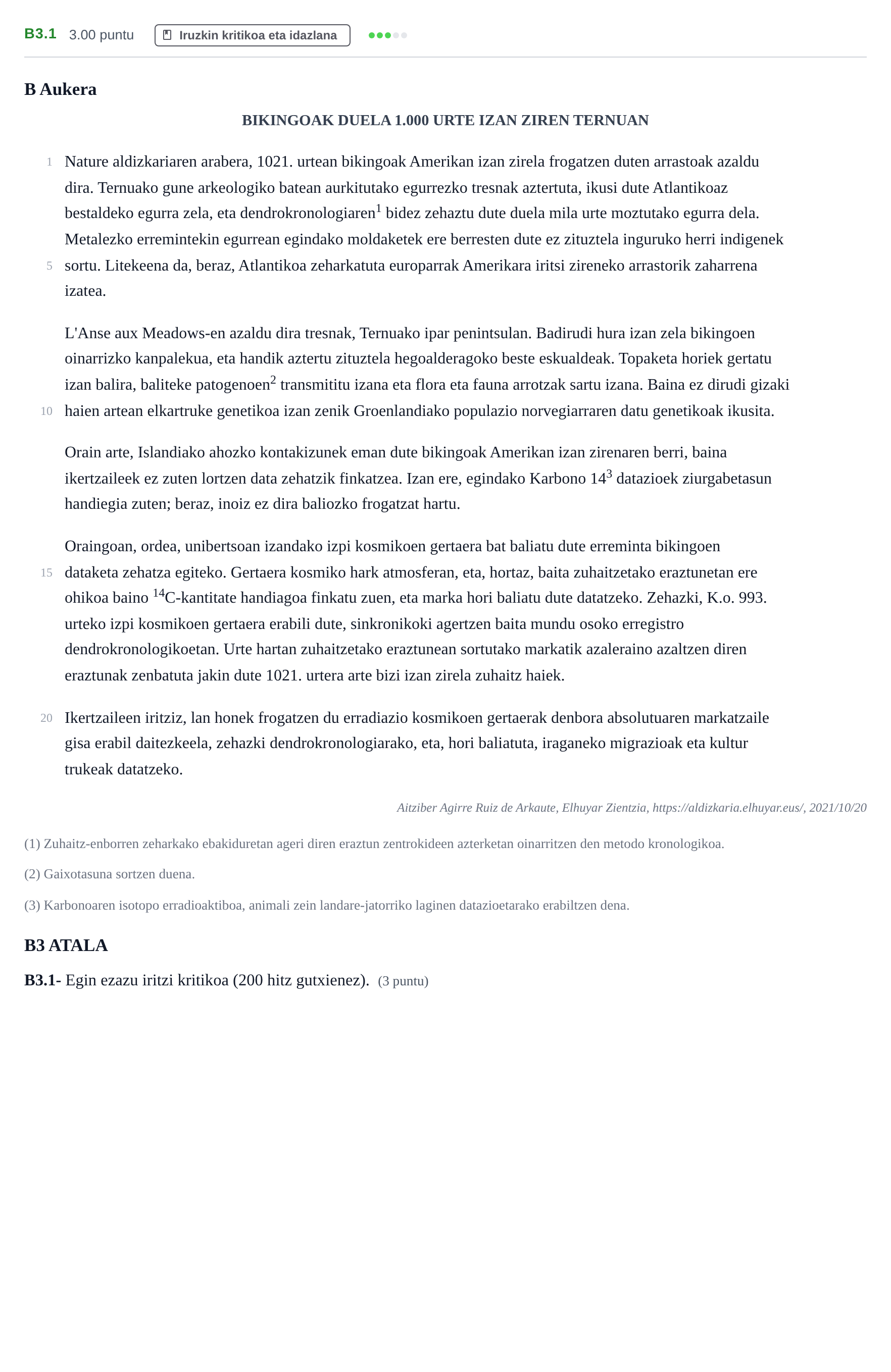 Enunciado: Ejercicio B3.1 · Lengua Vasca y Literatura II PAU Navarra Extraordinaria (Modelo D) 2022