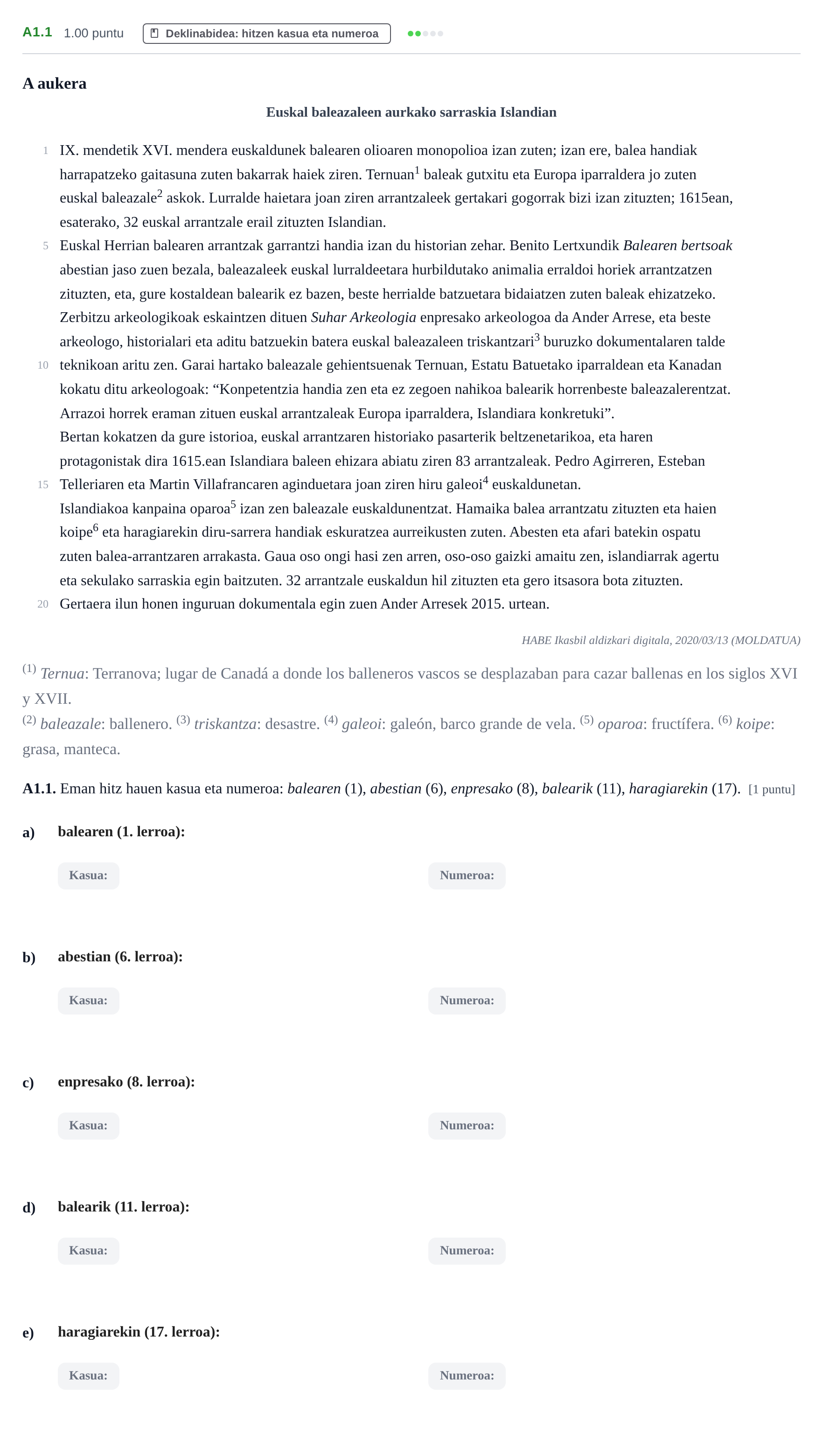 Enunciado: Ejercicio A1.1 · Lengua Vasca y Literatura II PAU Navarra Extraordinaria (Modelo A) 2022
