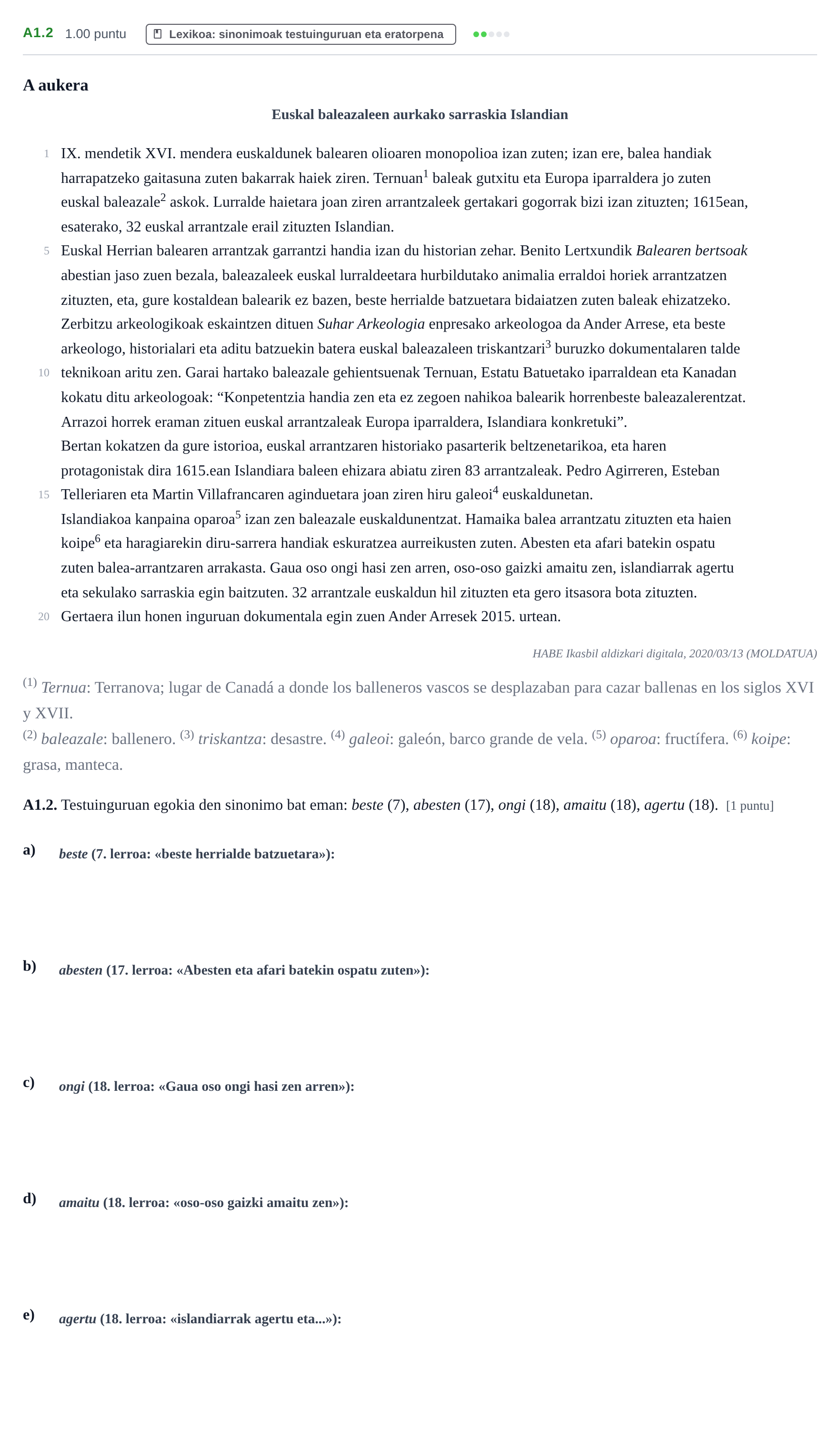 Enunciado: Ejercicio A1.2 · Lengua Vasca y Literatura II PAU Navarra Extraordinaria (Modelo A) 2022