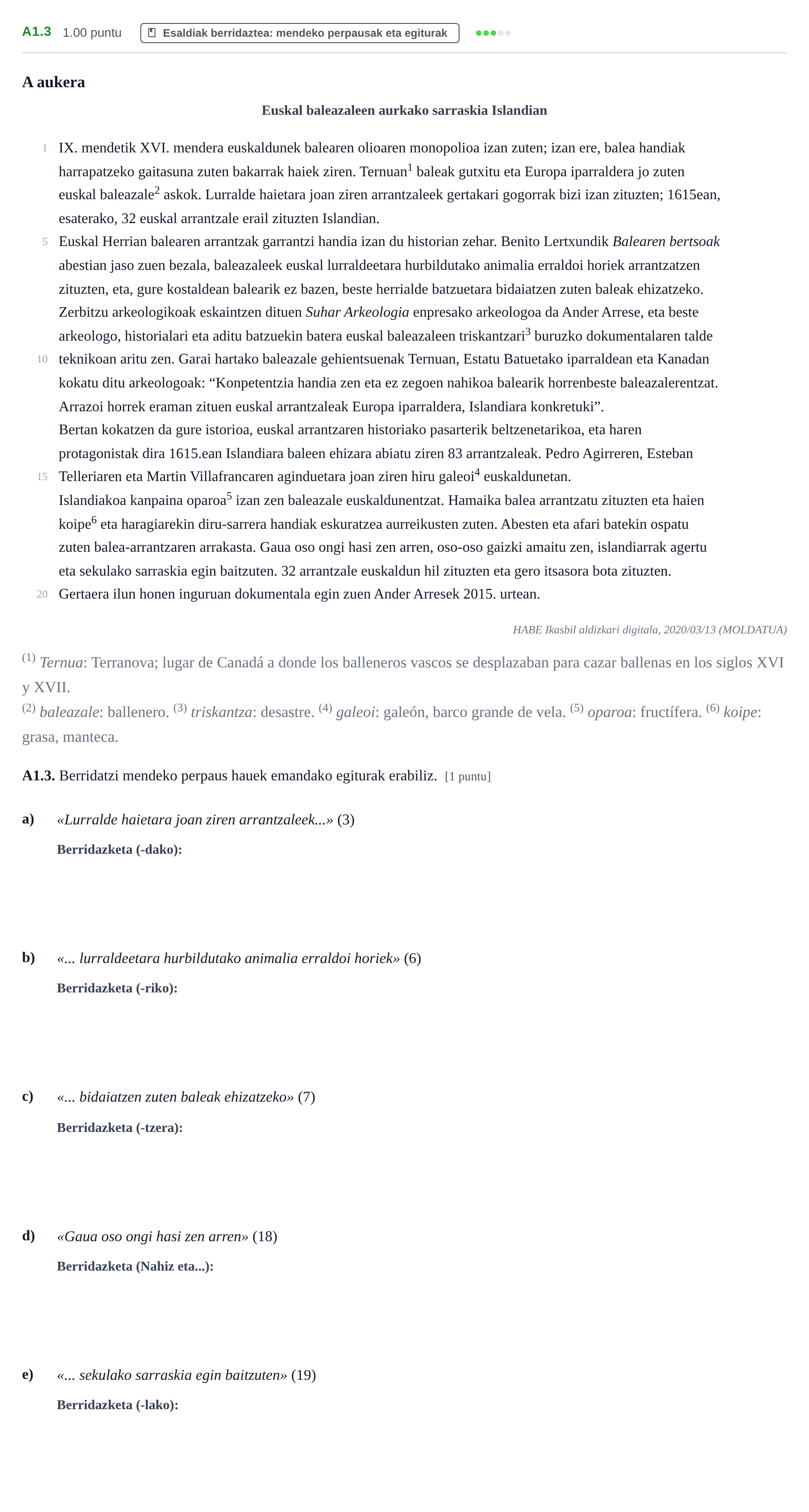 Enunciado: Ejercicio A1.3 · Lengua Vasca y Literatura II PAU Navarra Extraordinaria (Modelo A) 2022
