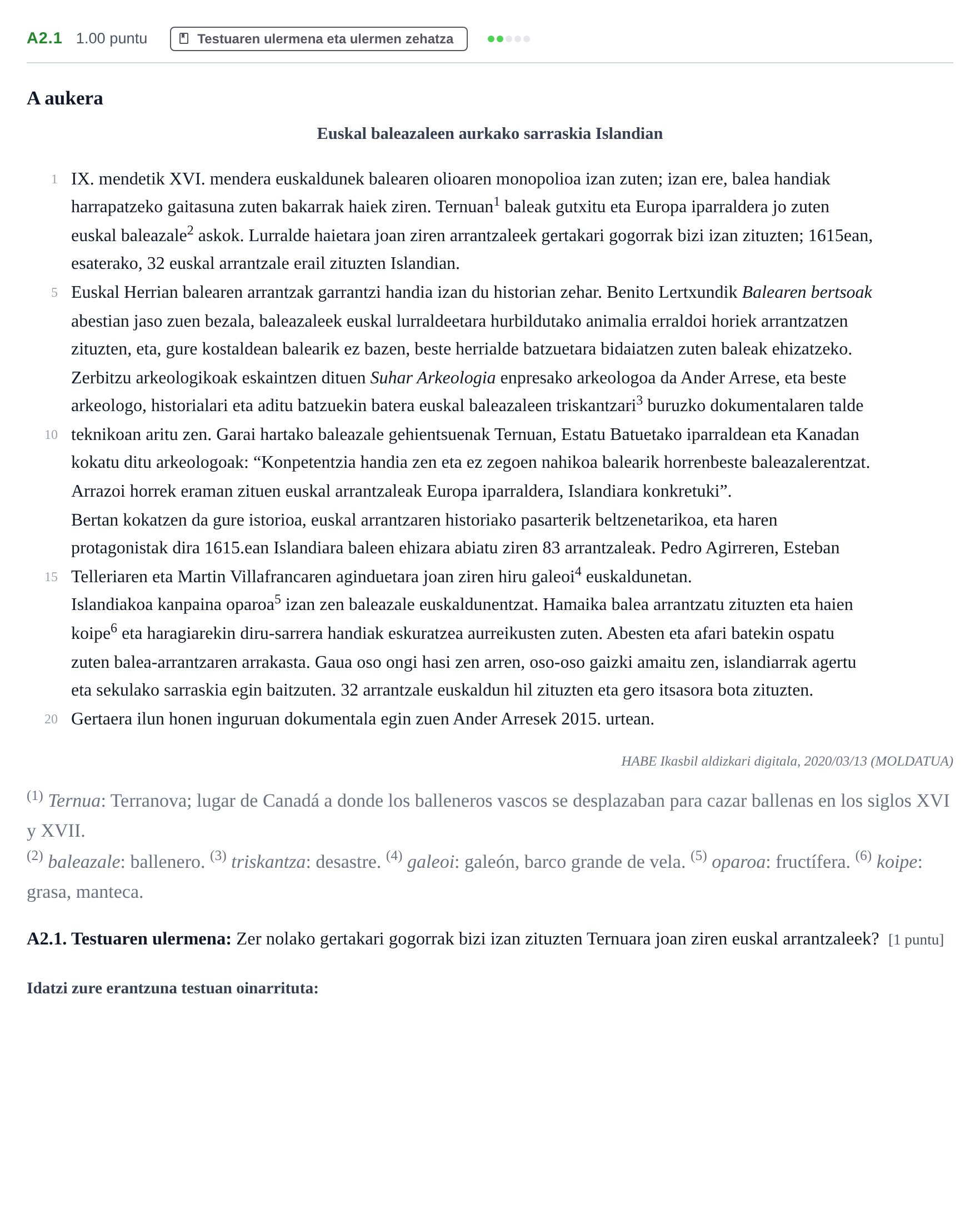 Enunciado: Ejercicio A2.1 · Lengua Vasca y Literatura II PAU Navarra Extraordinaria (Modelo A) 2022