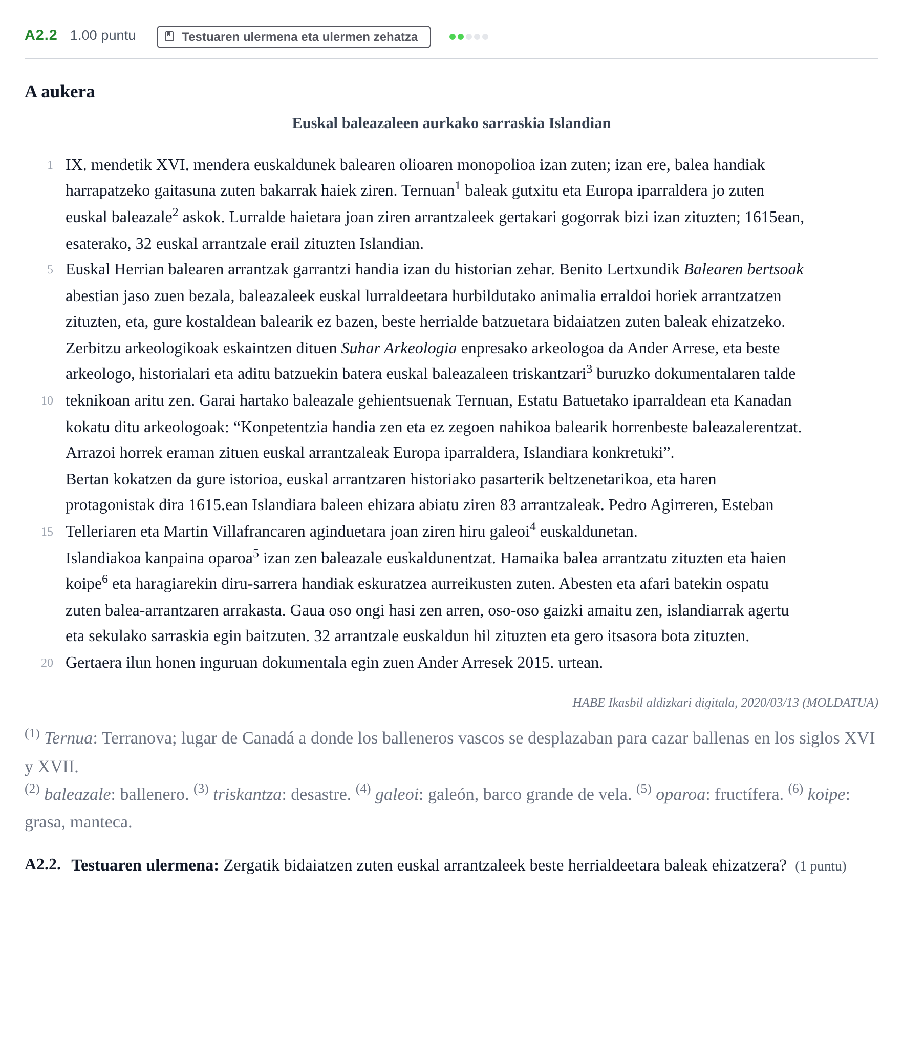 Enunciado: Ejercicio A2.2 · Lengua Vasca y Literatura II PAU Navarra Extraordinaria (Modelo A) 2022