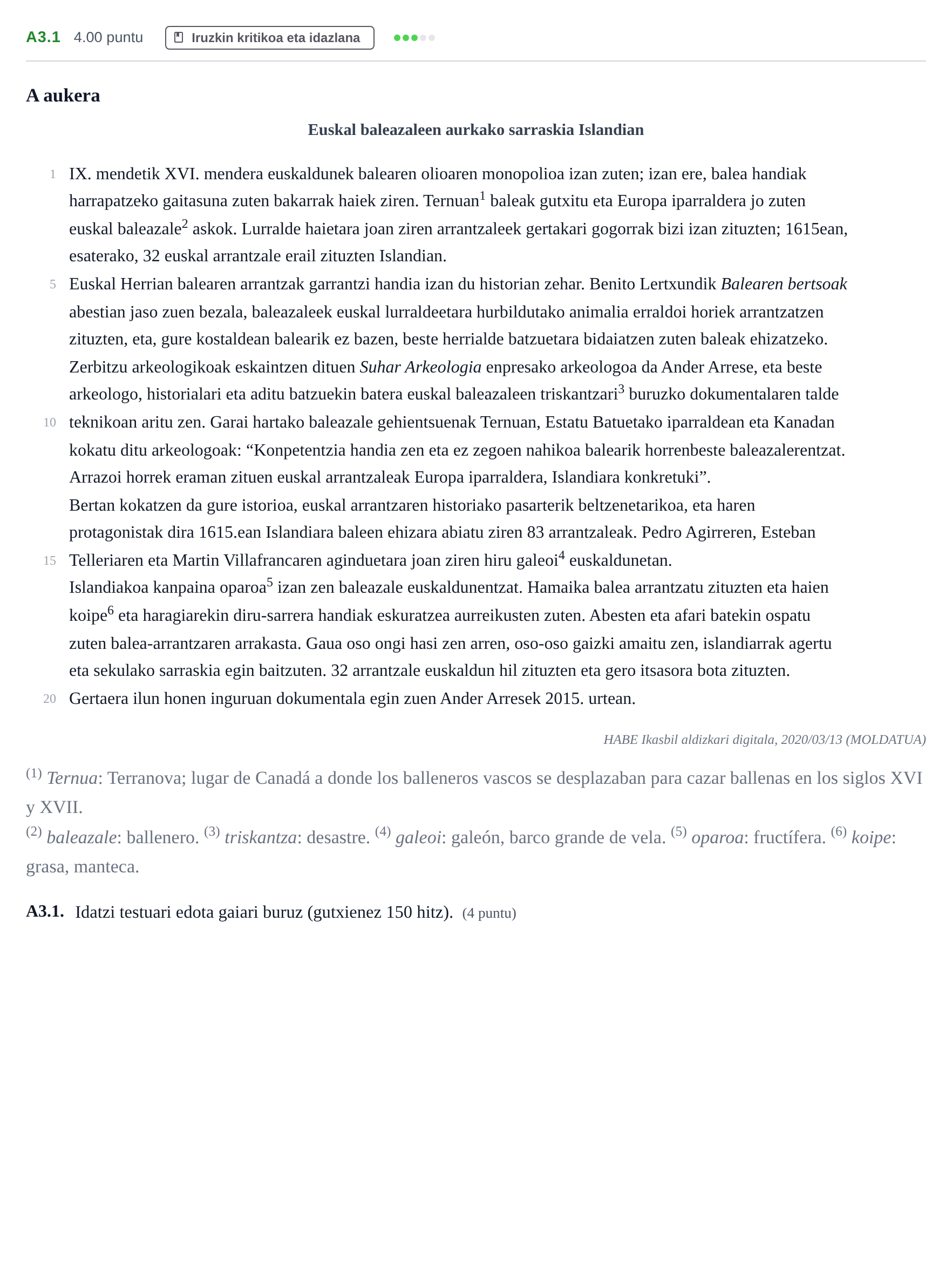 Enunciado: Ejercicio A3.1 · Lengua Vasca y Literatura II PAU Navarra Extraordinaria (Modelo A) 2022
