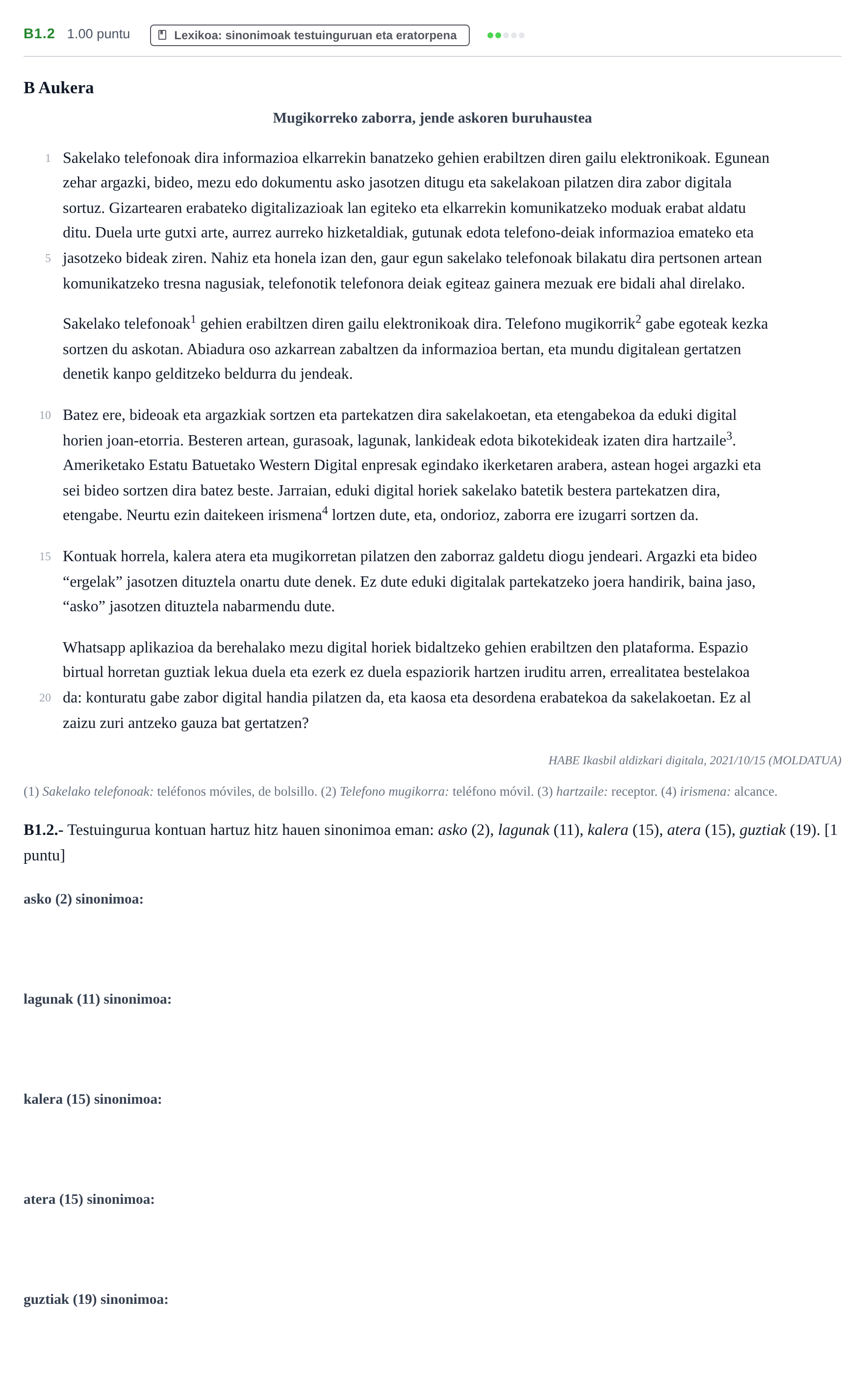 Enunciado: Ejercicio B1.2 · Lengua Vasca y Literatura II PAU Navarra Extraordinaria (Modelo A) 2022