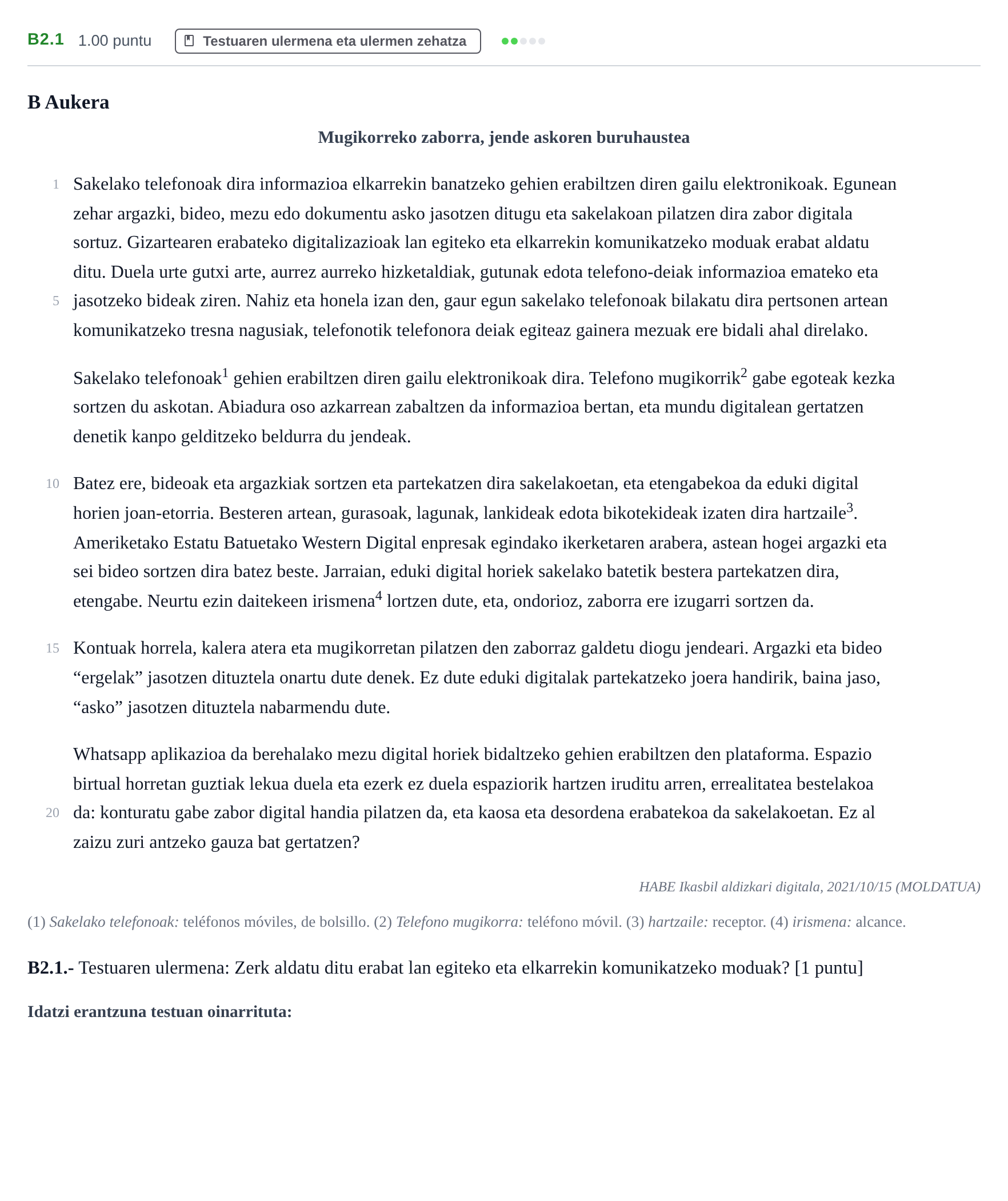 Enunciado: Ejercicio B2.1 · Lengua Vasca y Literatura II PAU Navarra Extraordinaria (Modelo A) 2022