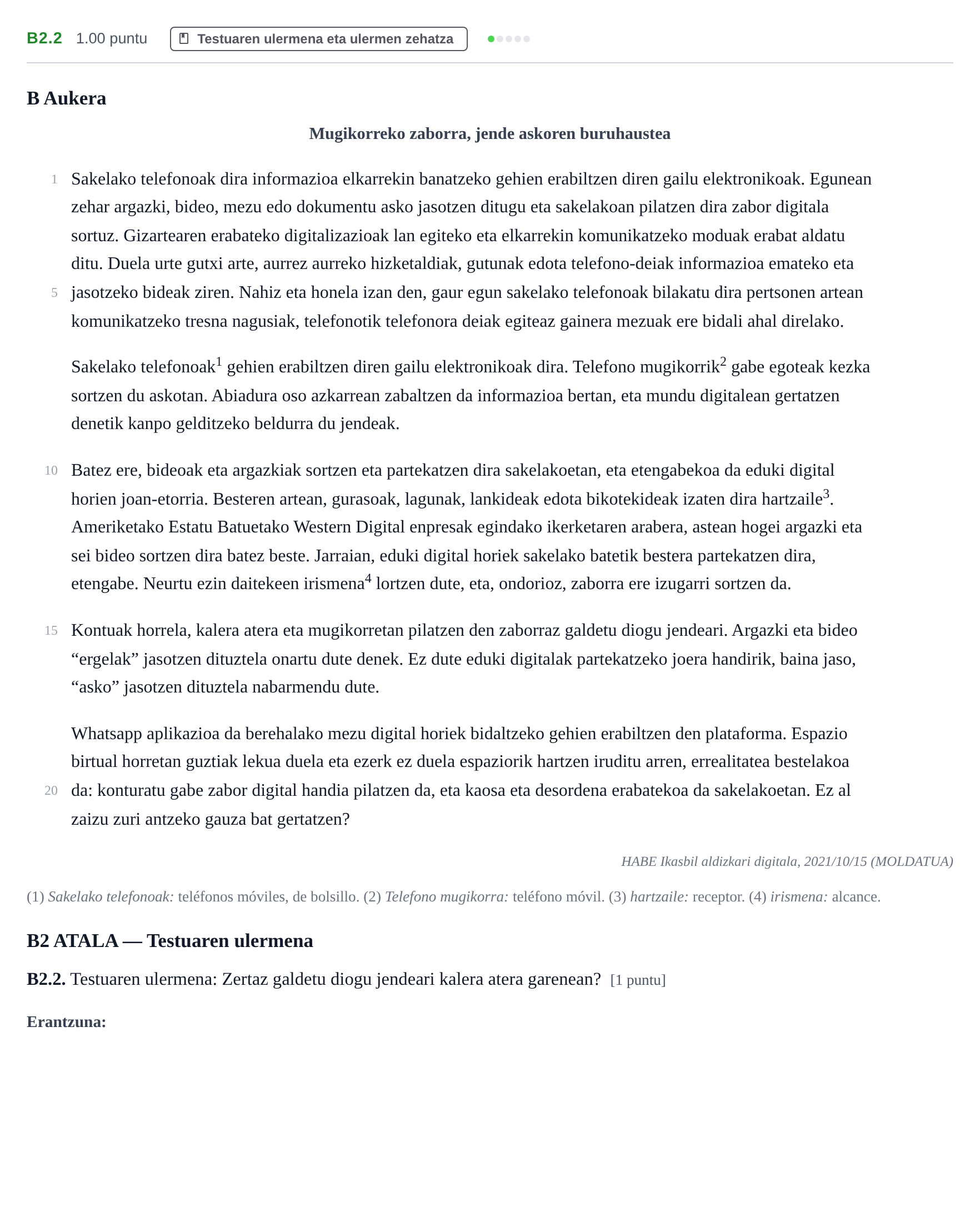 Enunciado: Ejercicio B2.2 · Lengua Vasca y Literatura II PAU Navarra Extraordinaria (Modelo A) 2022