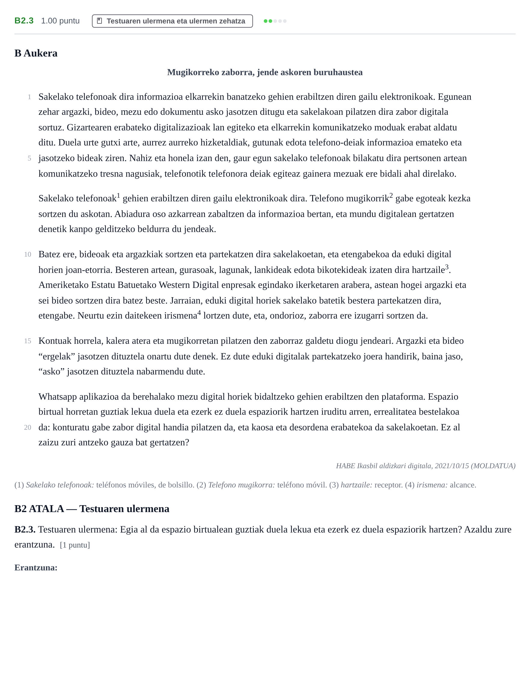 Enunciado: Ejercicio B2.3 · Lengua Vasca y Literatura II PAU Navarra Extraordinaria (Modelo A) 2022