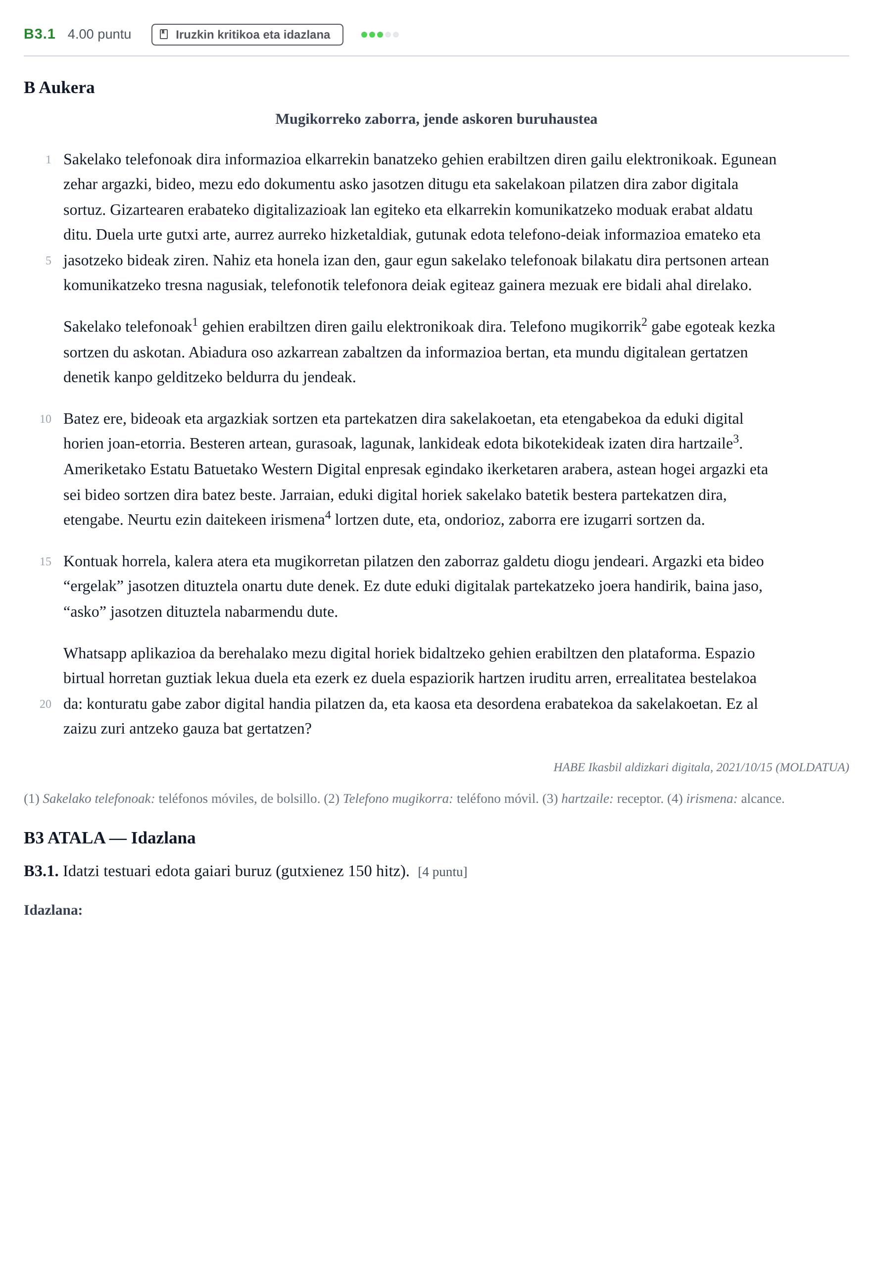 Enunciado: Ejercicio B3.1 · Lengua Vasca y Literatura II PAU Navarra Extraordinaria (Modelo A) 2022
