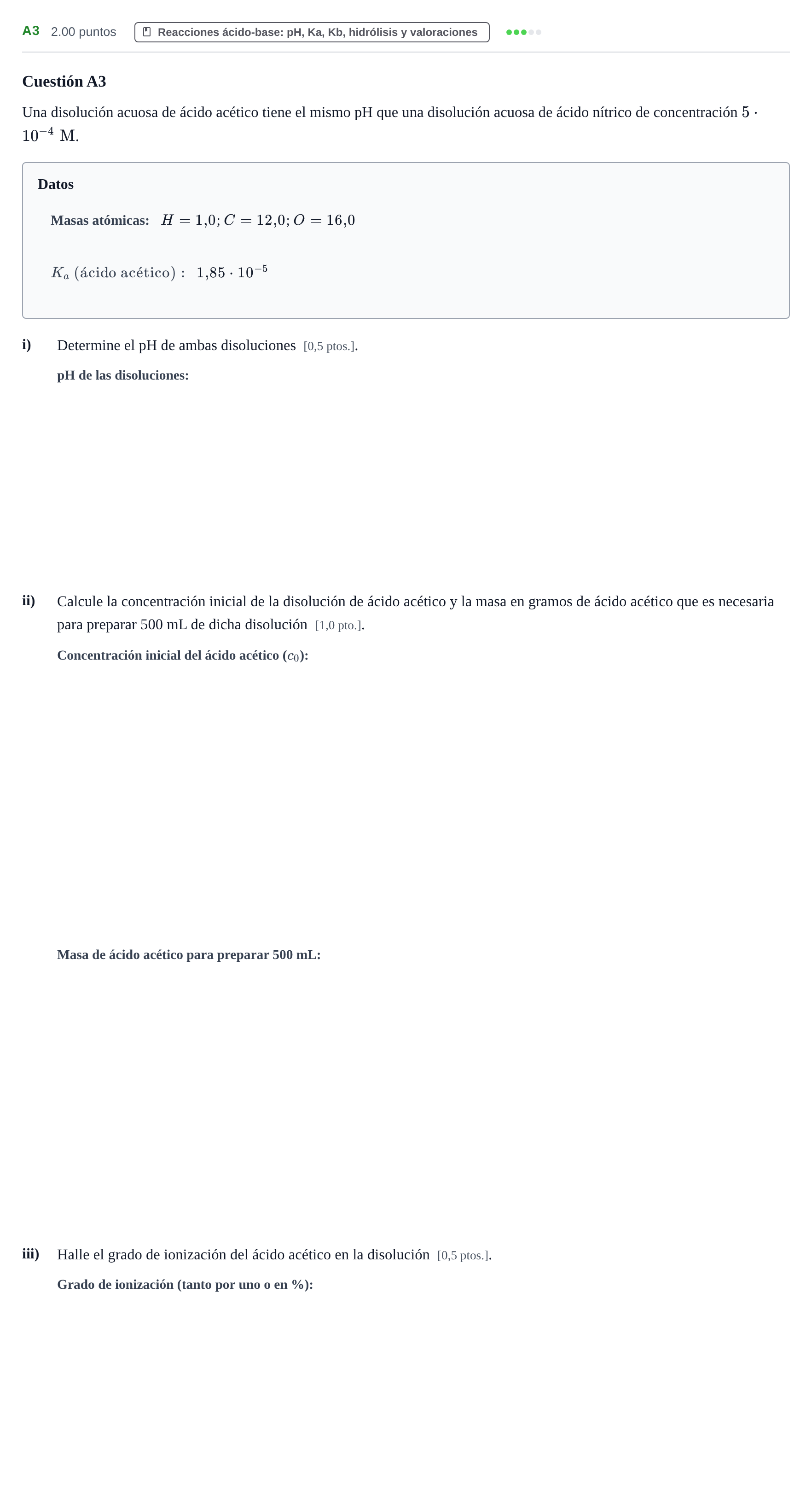 Enunciado: Ejercicio A3 · Química PAU Navarra Extraordinaria 2022