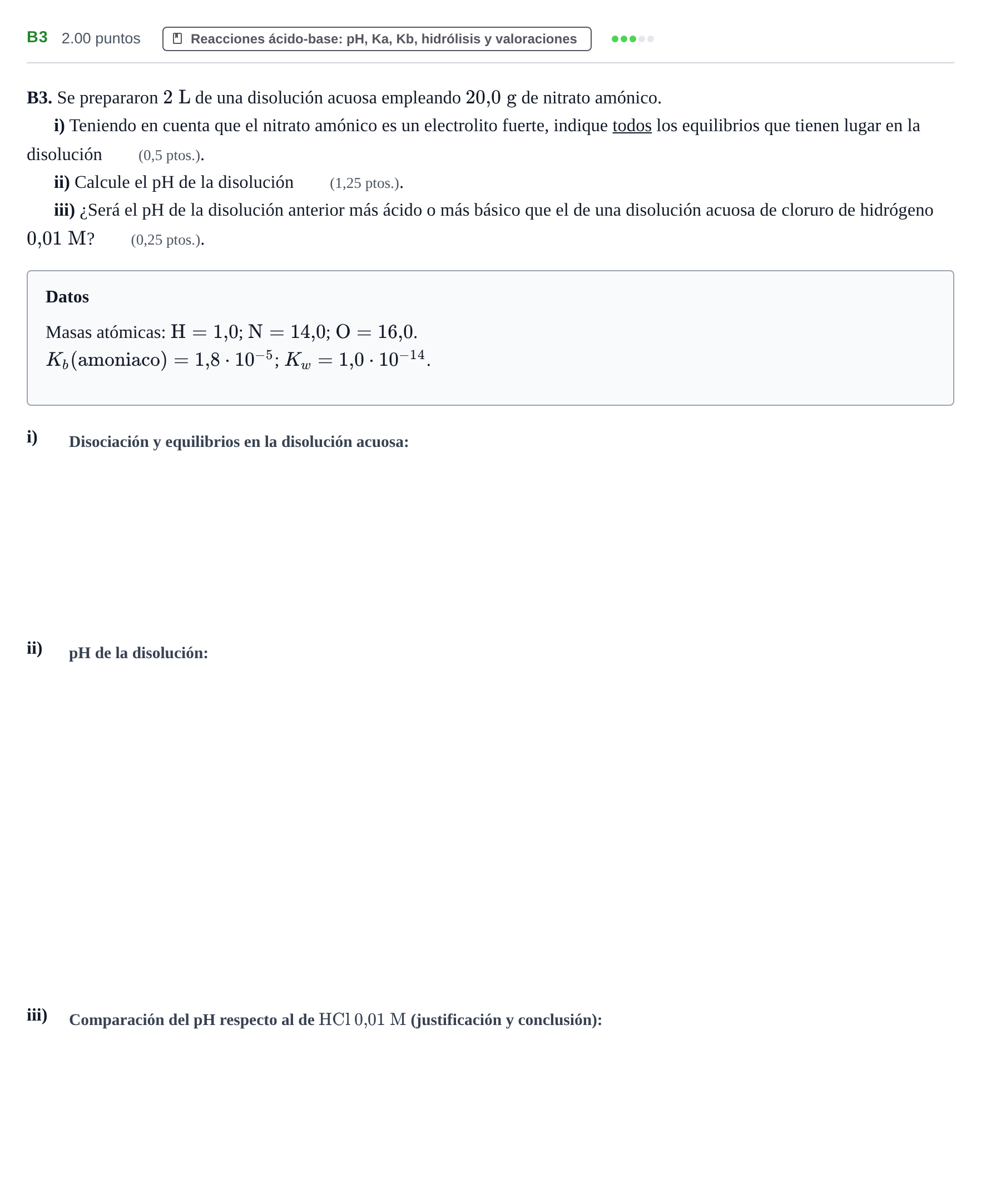 Enunciado: Ejercicio B3 · Química PAU Navarra Extraordinaria 2022