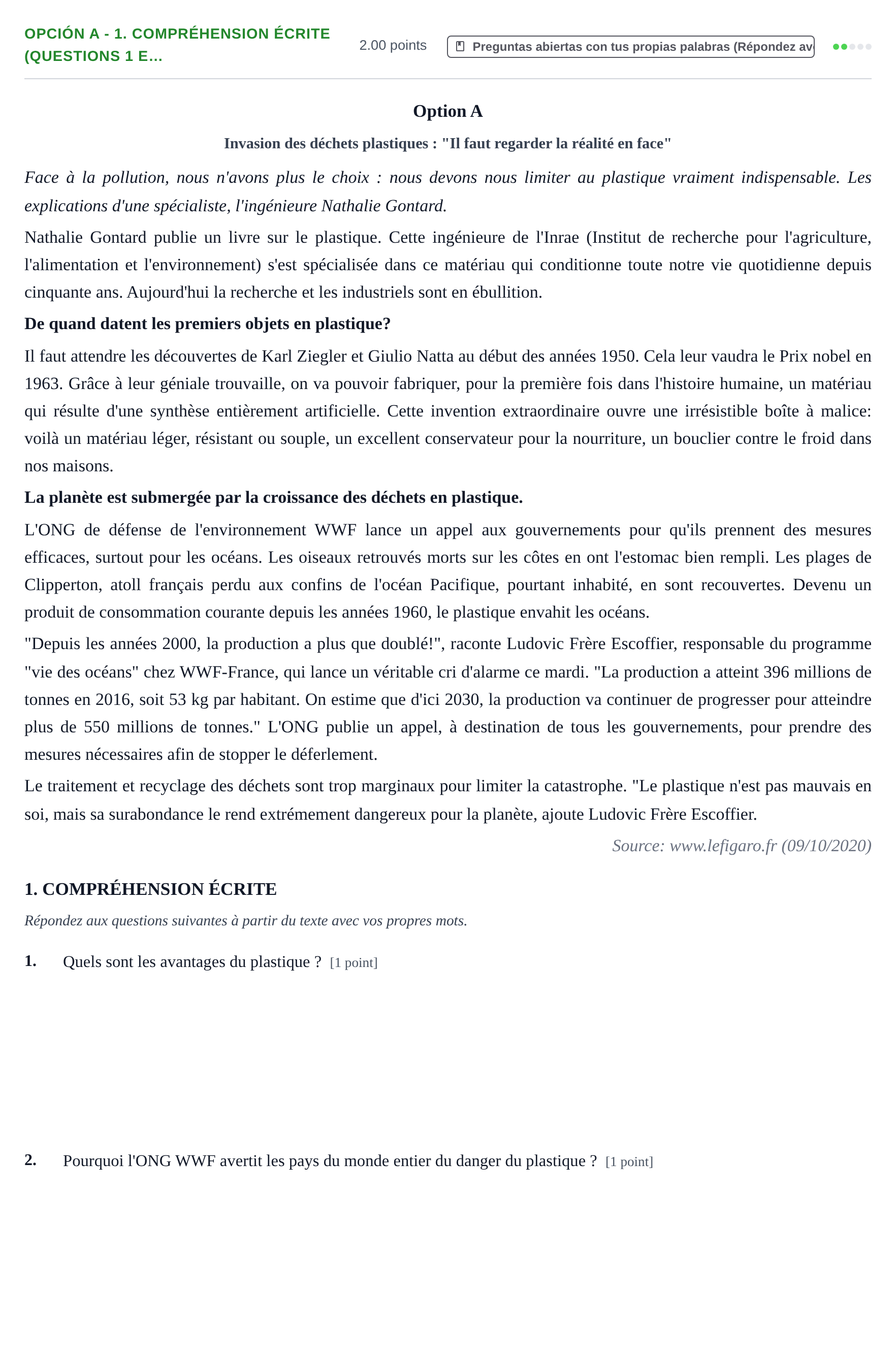 Enunciado: Opción A - 1. Compréhension écrite (questions 1 e… · Francés PAU Navarra Ordinaria 2021