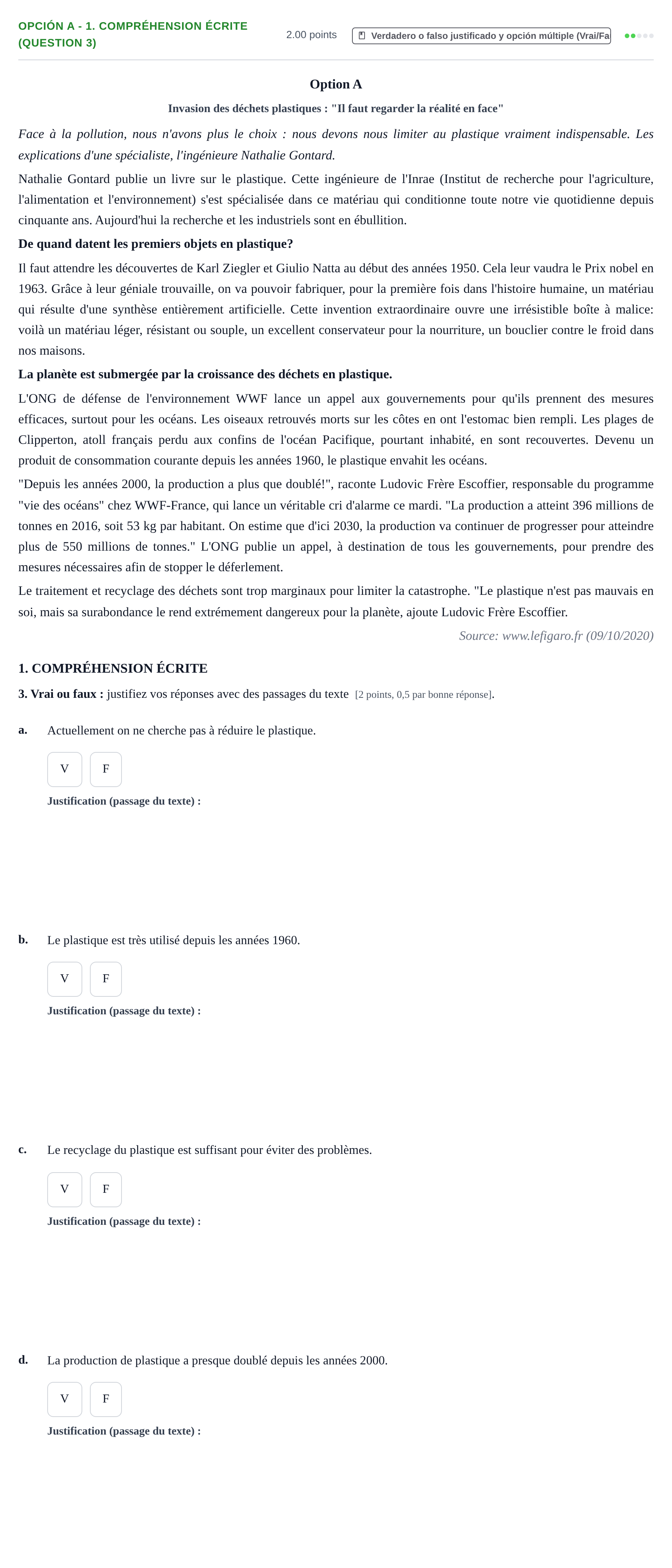Enunciado: Opción A - 1. Compréhension écrite (question 3) · Francés PAU Navarra Ordinaria 2021