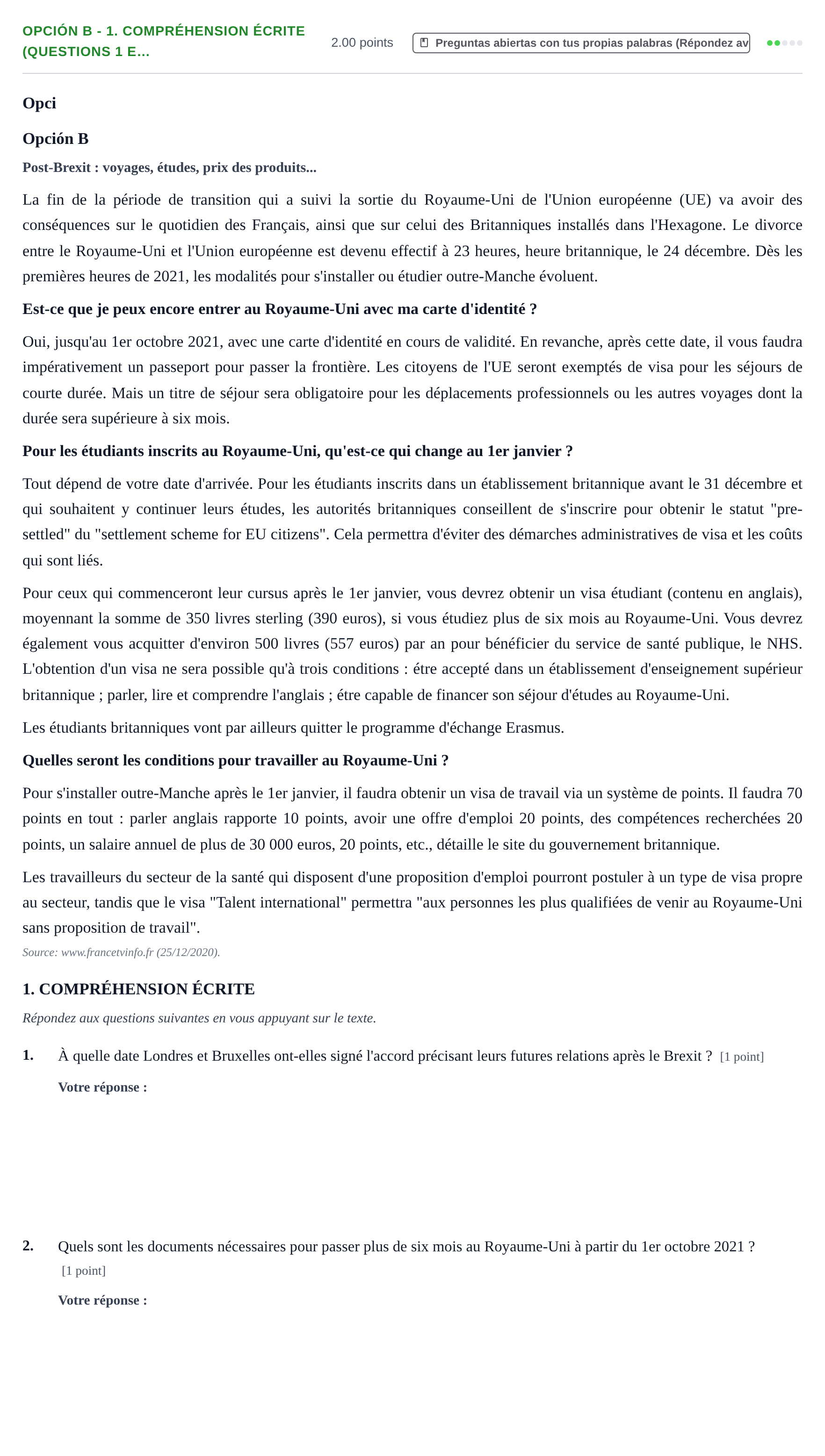 Enunciado: Opción B - 1. Compréhension écrite (questions 1 e… · Francés PAU Navarra Ordinaria 2021