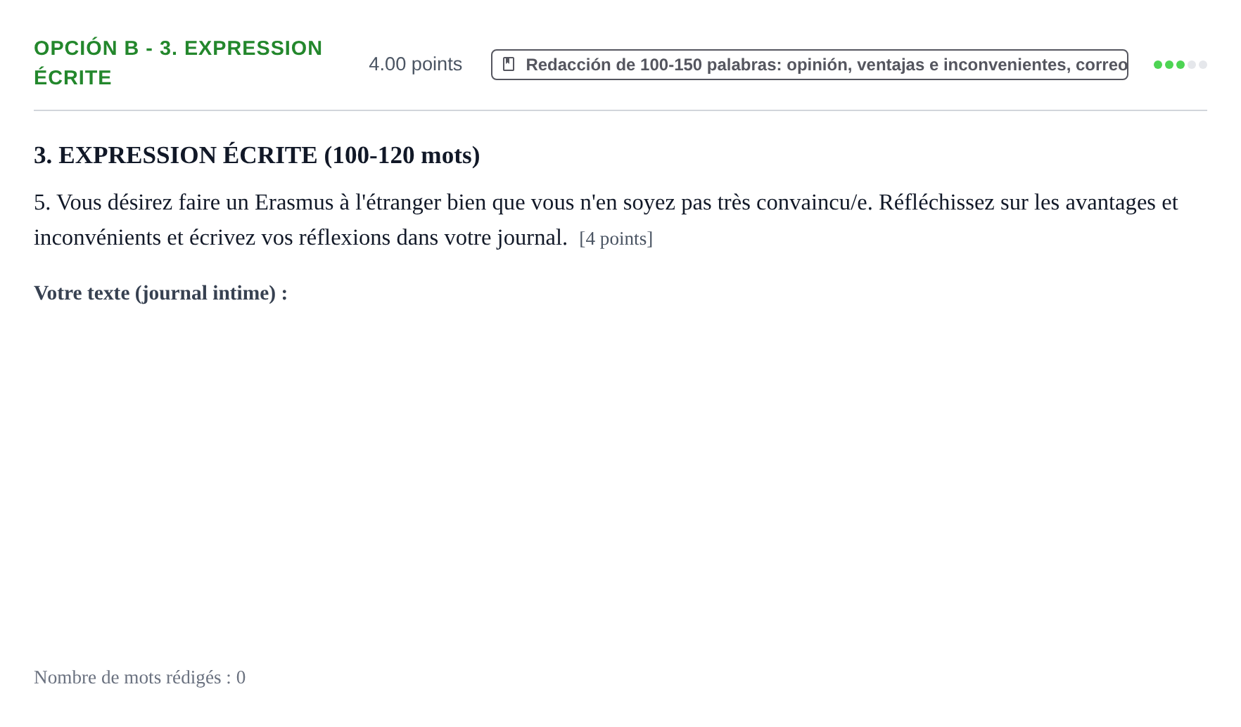 Enunciado: Opción B - 3. Expression écrite · Francés PAU Navarra Ordinaria 2021