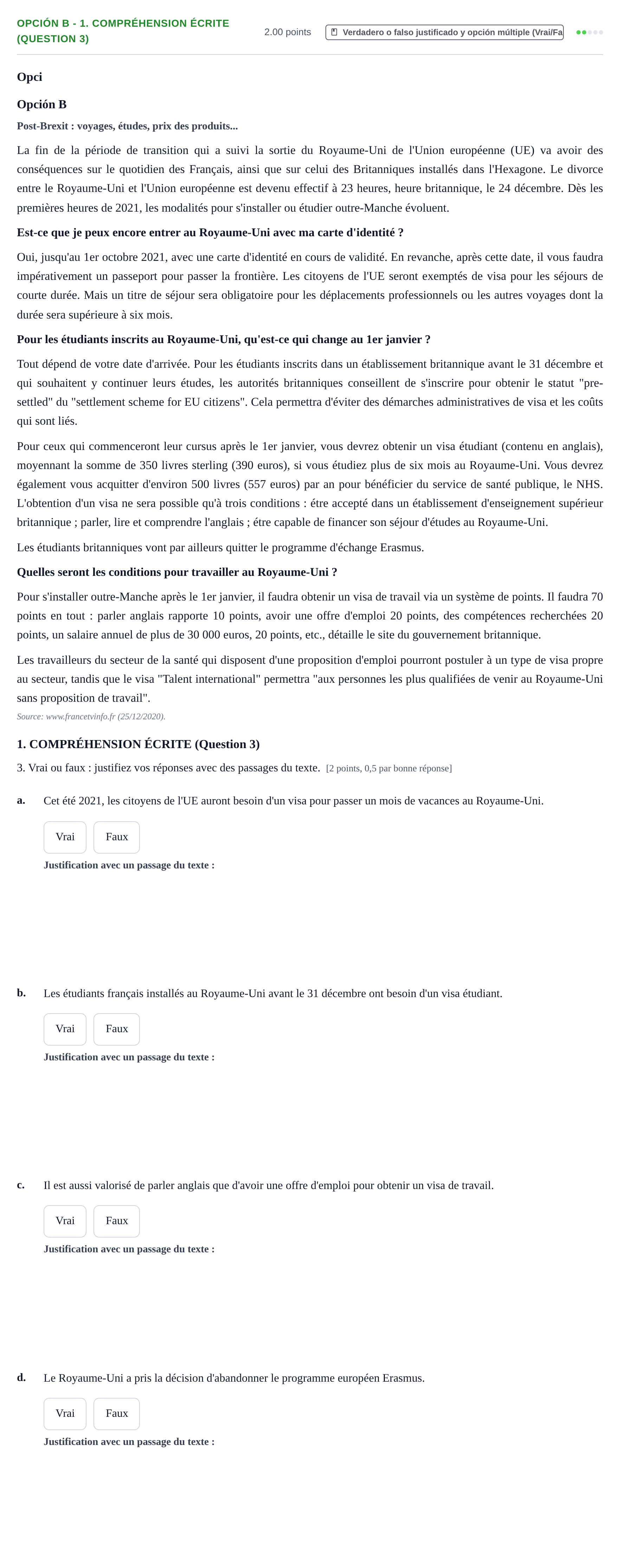 Enunciado: Opción B - 1. Compréhension écrite (question 3) · Francés PAU Navarra Ordinaria 2021