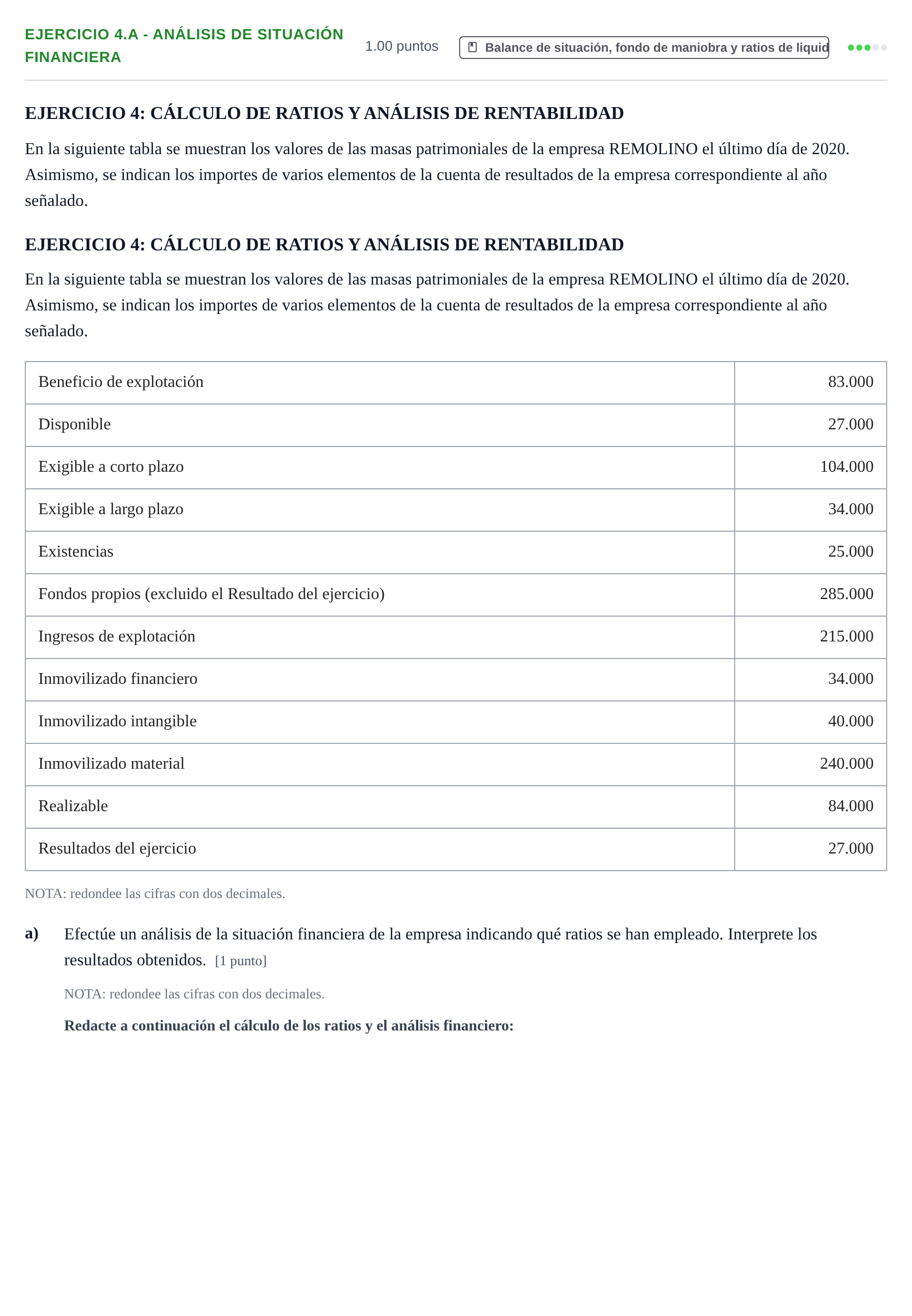Enunciado: Ejercicio 4.a - Análisis de situación financiera · Empresa y Diseño de Modelos de Negocio PAU Navarra Ordinaria 2021