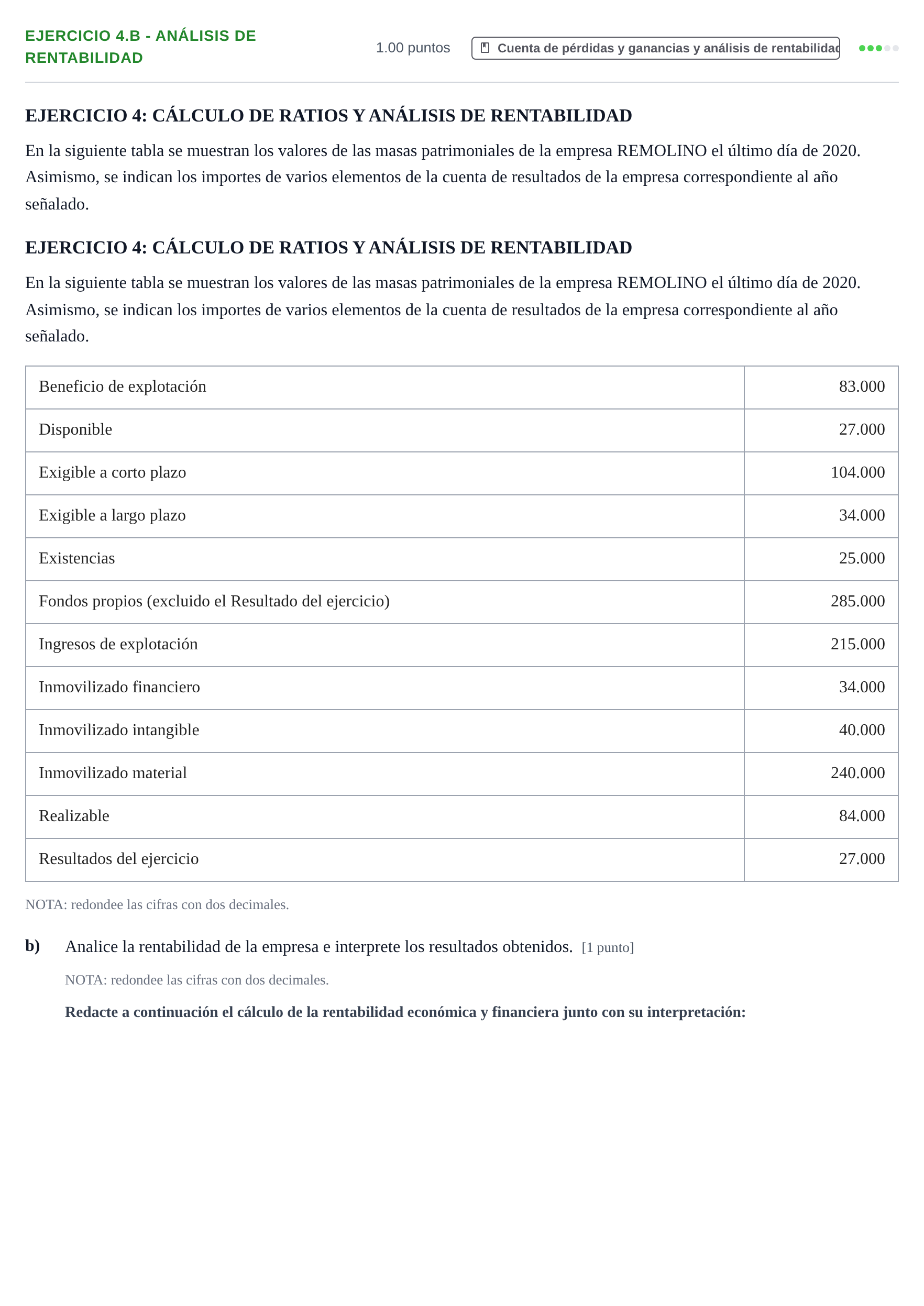 Enunciado: Ejercicio 4.b - Análisis de rentabilidad · Empresa y Diseño de Modelos de Negocio PAU Navarra Ordinaria 2021