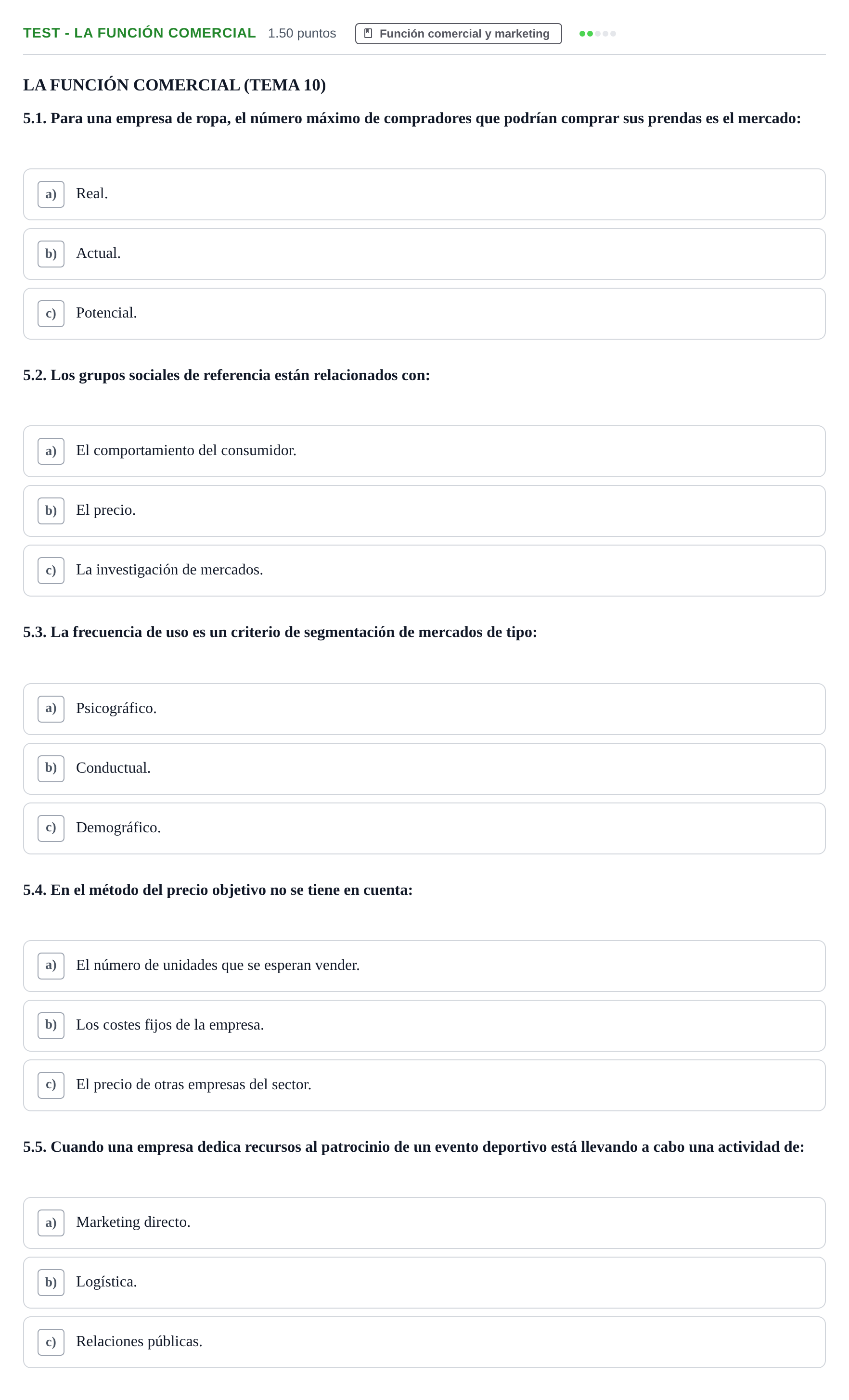 Enunciado: Ejercicio Test - La Función Comercial · Empresa y Diseño de Modelos de Negocio PAU Navarra Ordinaria 2021