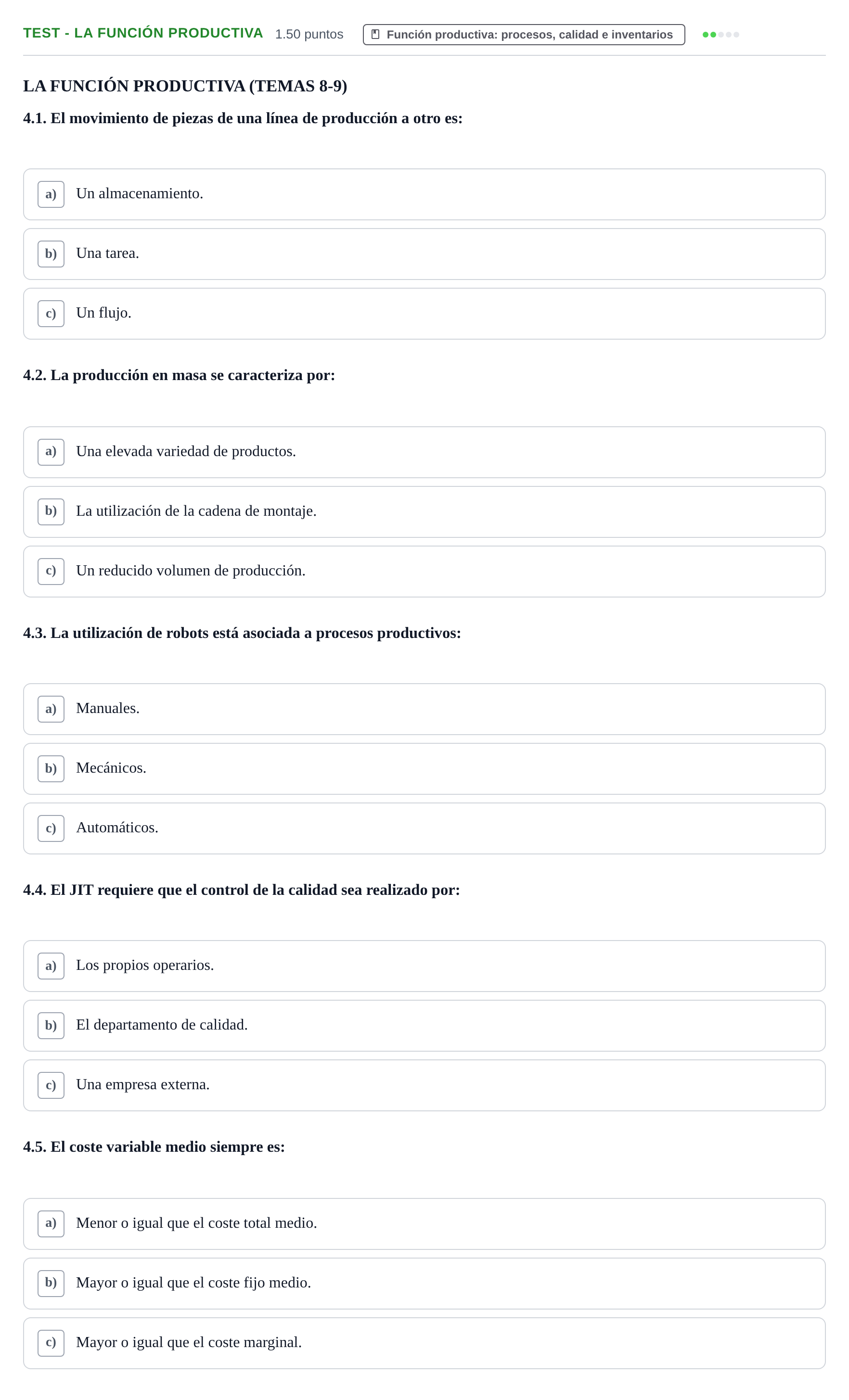 Enunciado: Ejercicio Test - La Función Productiva · Empresa y Diseño de Modelos de Negocio PAU Navarra Ordinaria 2021