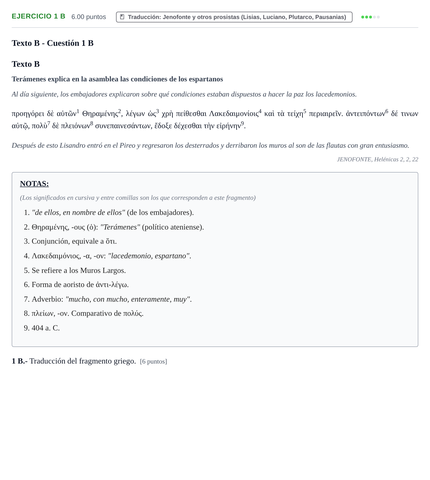 Enunciado: Ejercicio 1 B · Griego II PAU Navarra Ordinaria 2021