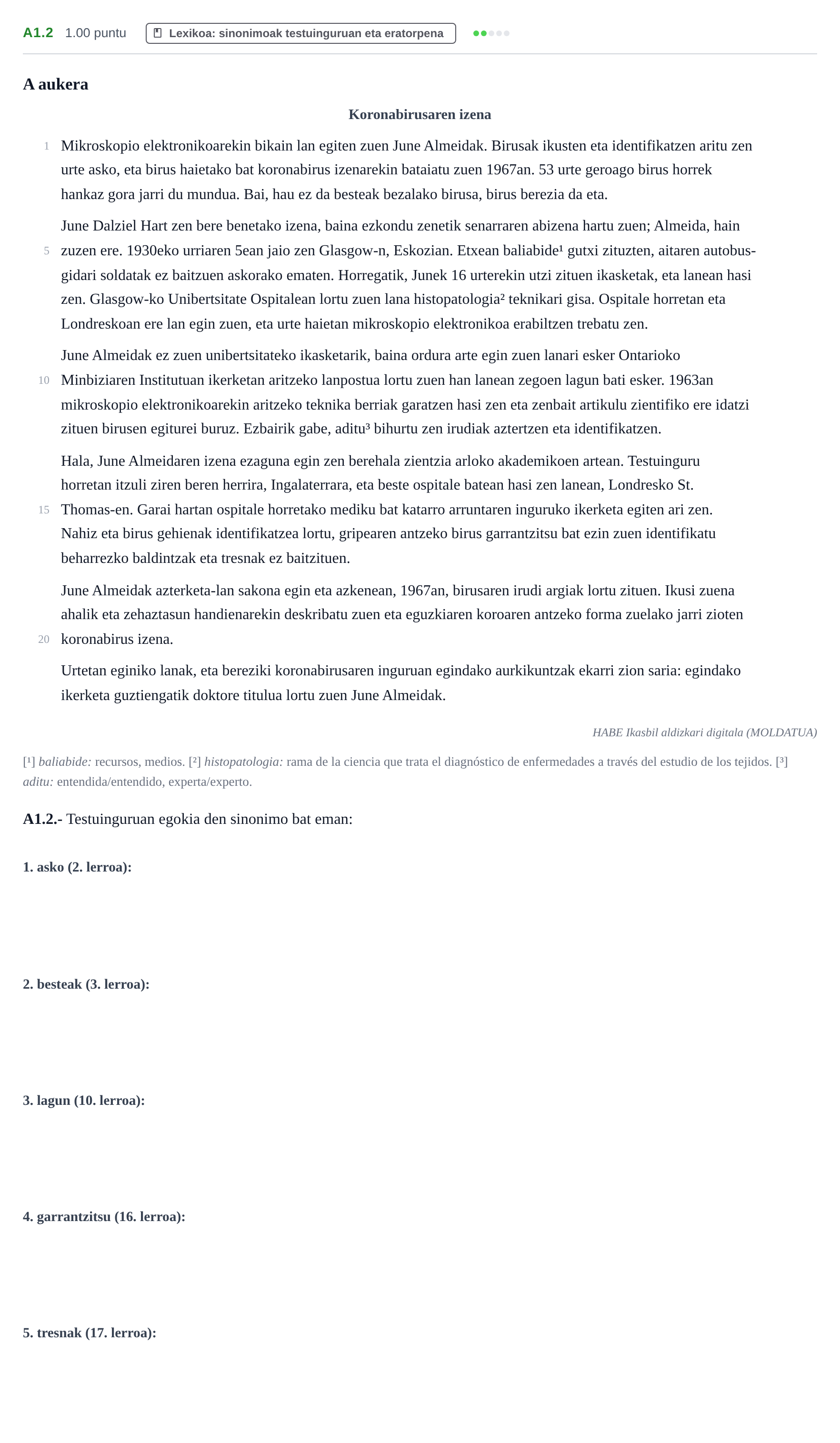 Enunciado: Ejercicio A1.2 · Lengua Vasca y Literatura II PAU Navarra Ordinaria (Modelo A) 2021