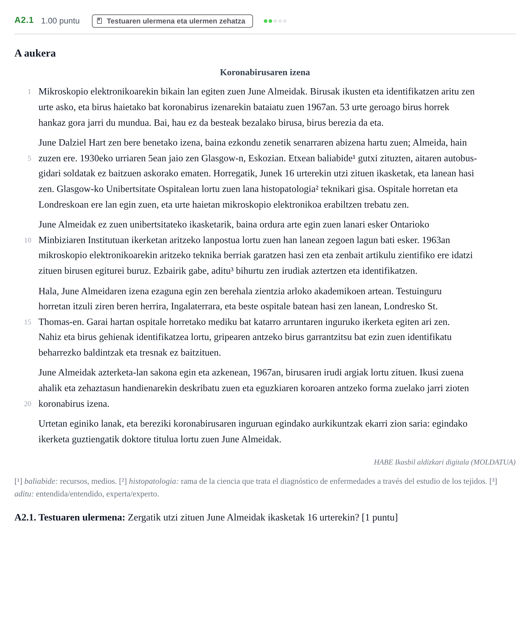 Enunciado: Ejercicio A2.1 · Lengua Vasca y Literatura II PAU Navarra Ordinaria (Modelo A) 2021