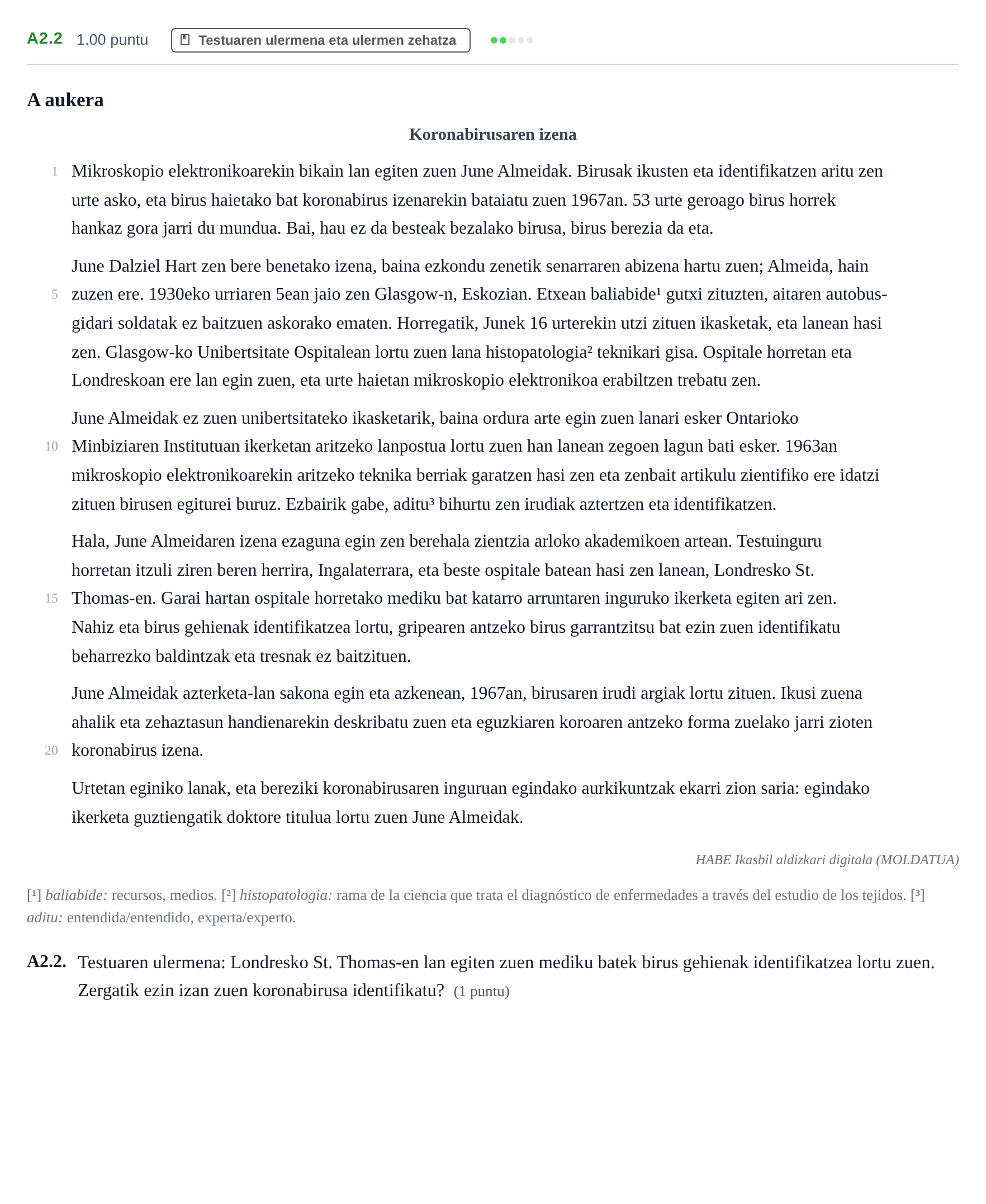 Enunciado: Ejercicio A2.2 · Lengua Vasca y Literatura II PAU Navarra Ordinaria (Modelo A) 2021