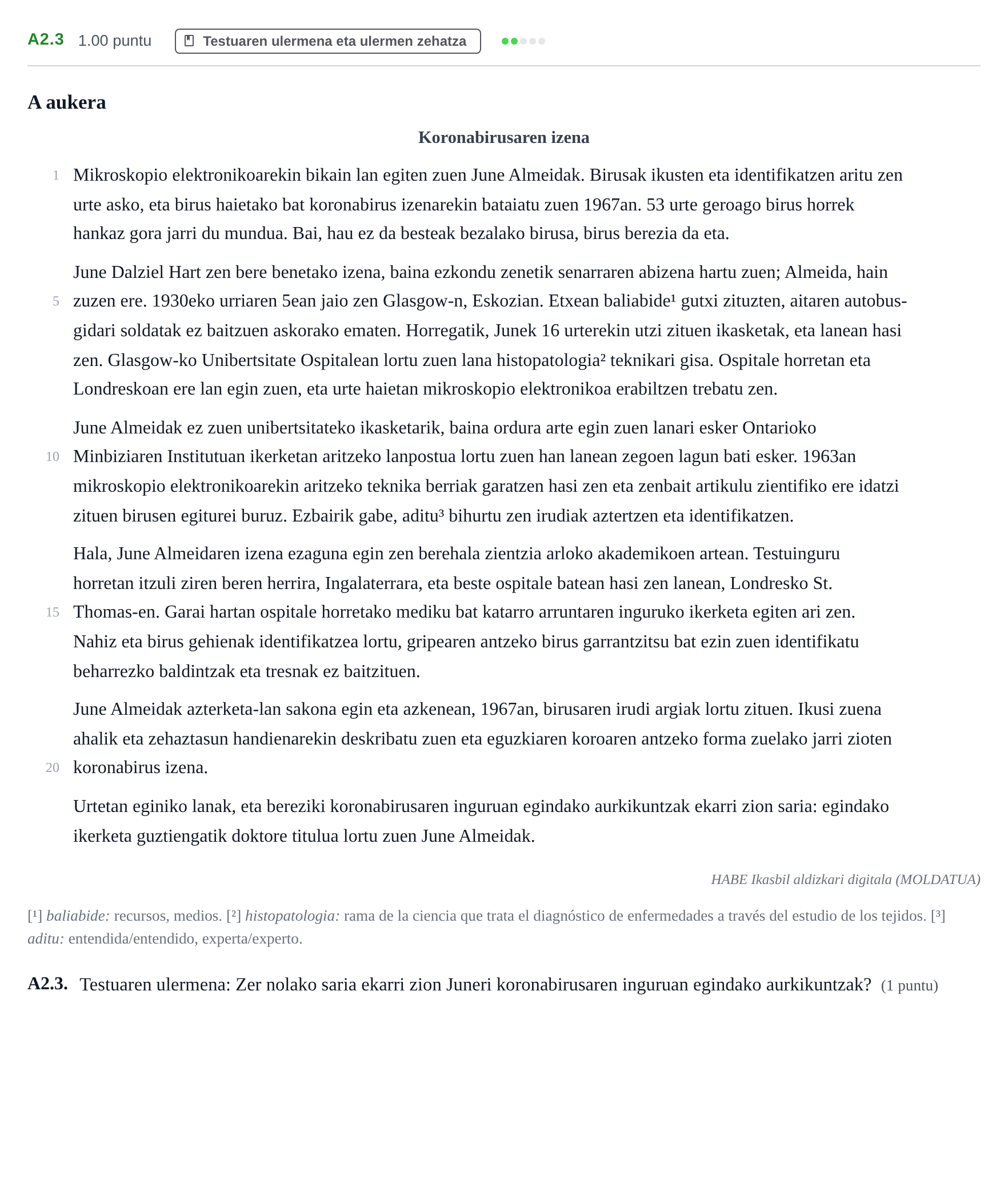 Enunciado: Ejercicio A2.3 · Lengua Vasca y Literatura II PAU Navarra Ordinaria (Modelo A) 2021