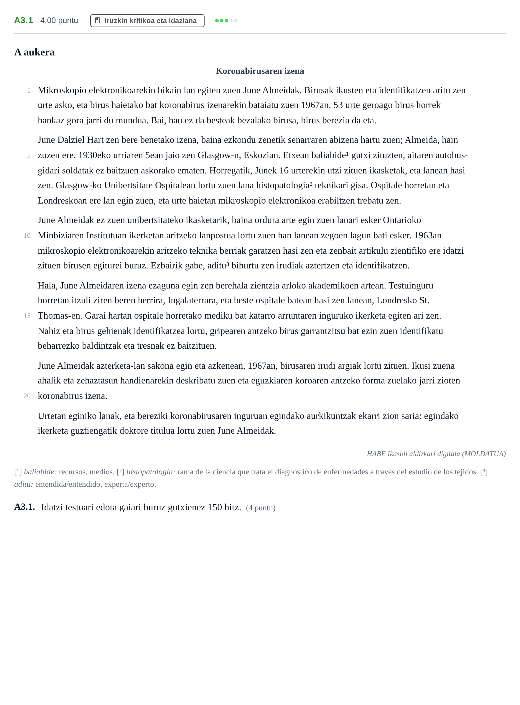 Enunciado: Ejercicio A3.1 · Lengua Vasca y Literatura II PAU Navarra Ordinaria (Modelo A) 2021
