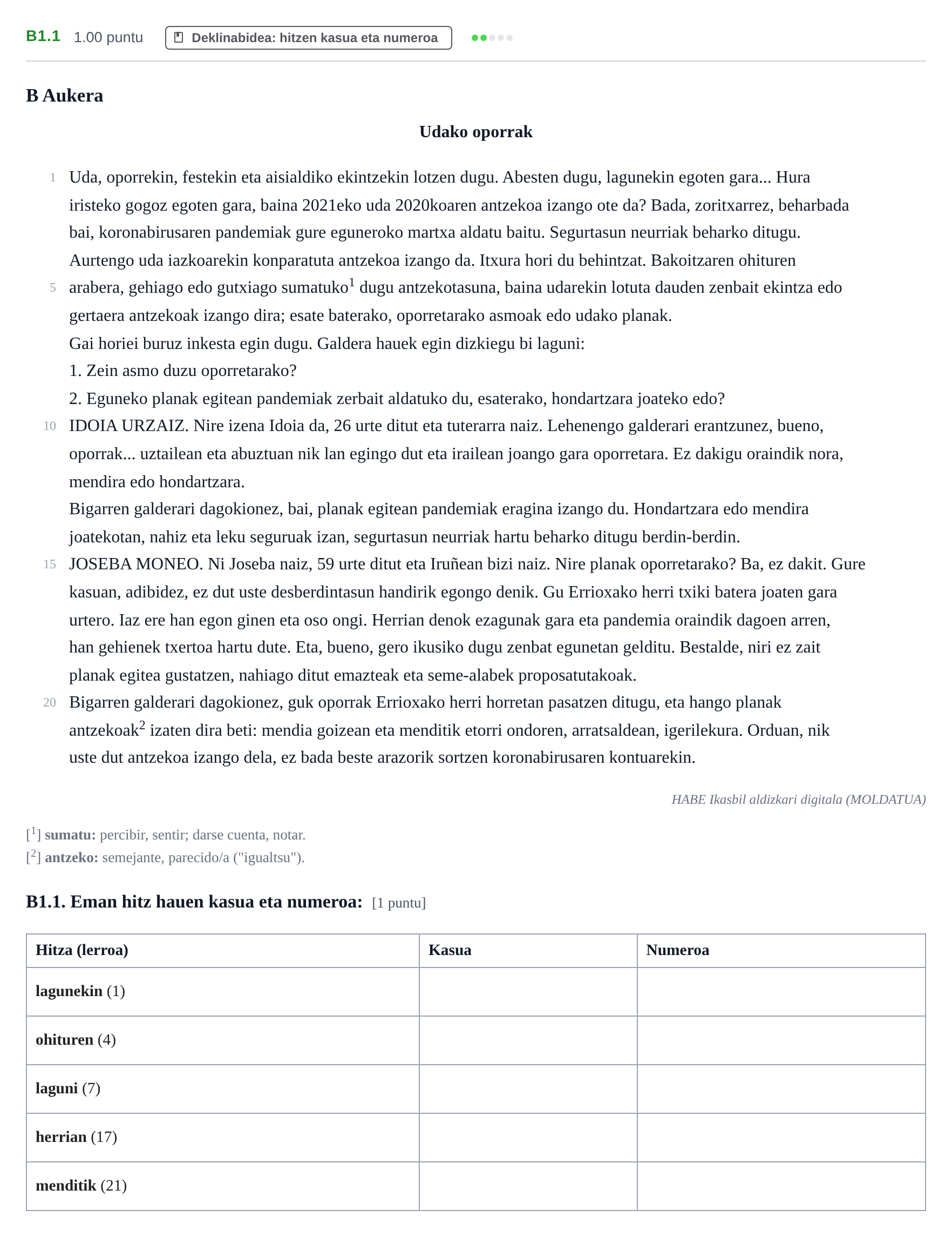 Enunciado: Ejercicio B1.1 · Lengua Vasca y Literatura II PAU Navarra Ordinaria (Modelo A) 2021